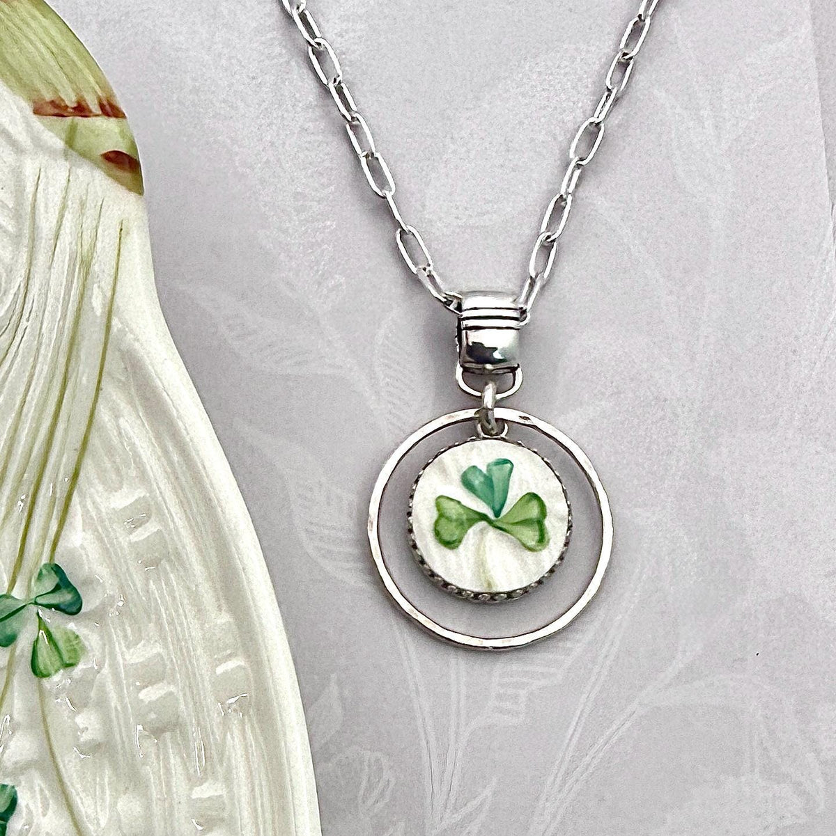 Sterling Silver Shamrock Necklace, Vintage Handmade Jewelry, Lucky Pendant Necklace, Repurposed Belleek China