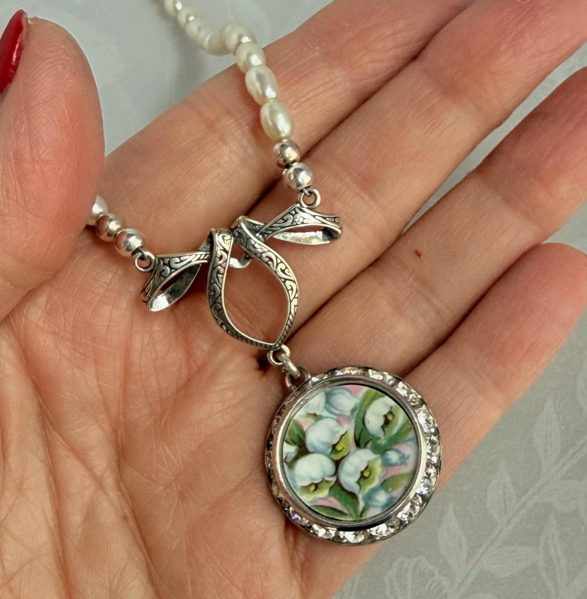 Lily Of The Valley Handmade Pearl Necklace, Cottageore Jewelry, Wedding Anniversary Gift