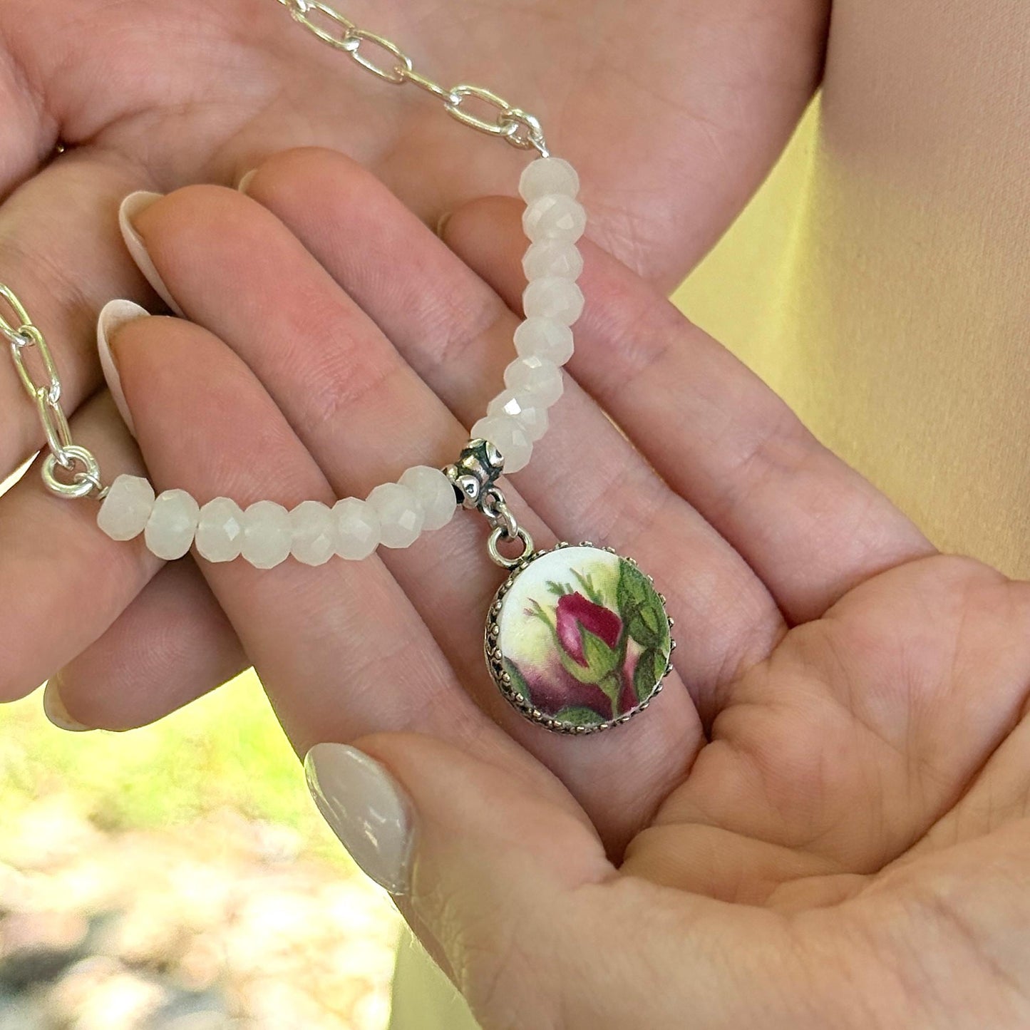 Red Rose Necklace, Wife 18th Anniversary Gift, Cats Eye Gemstone, Sterling Silver Porcelain Jewelry