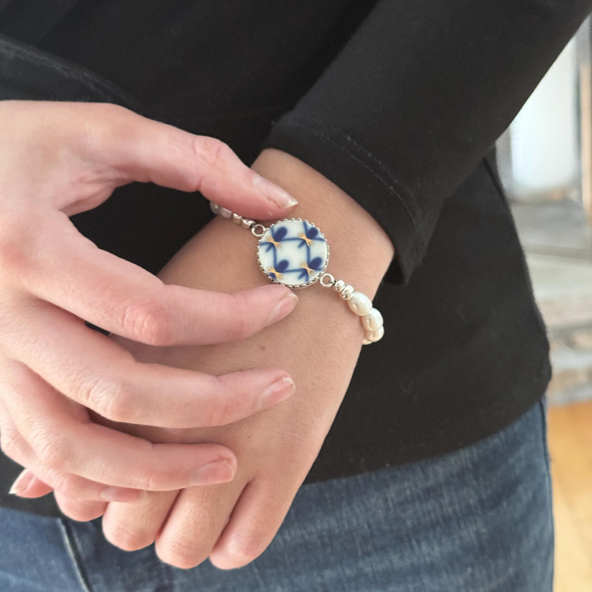 Lomonosov Cobalt Net Pearl Bracelet, Porcelain Broken China Jewelry, 20th Anniversary Gift for Wife, Handmade Artisan Jewelry