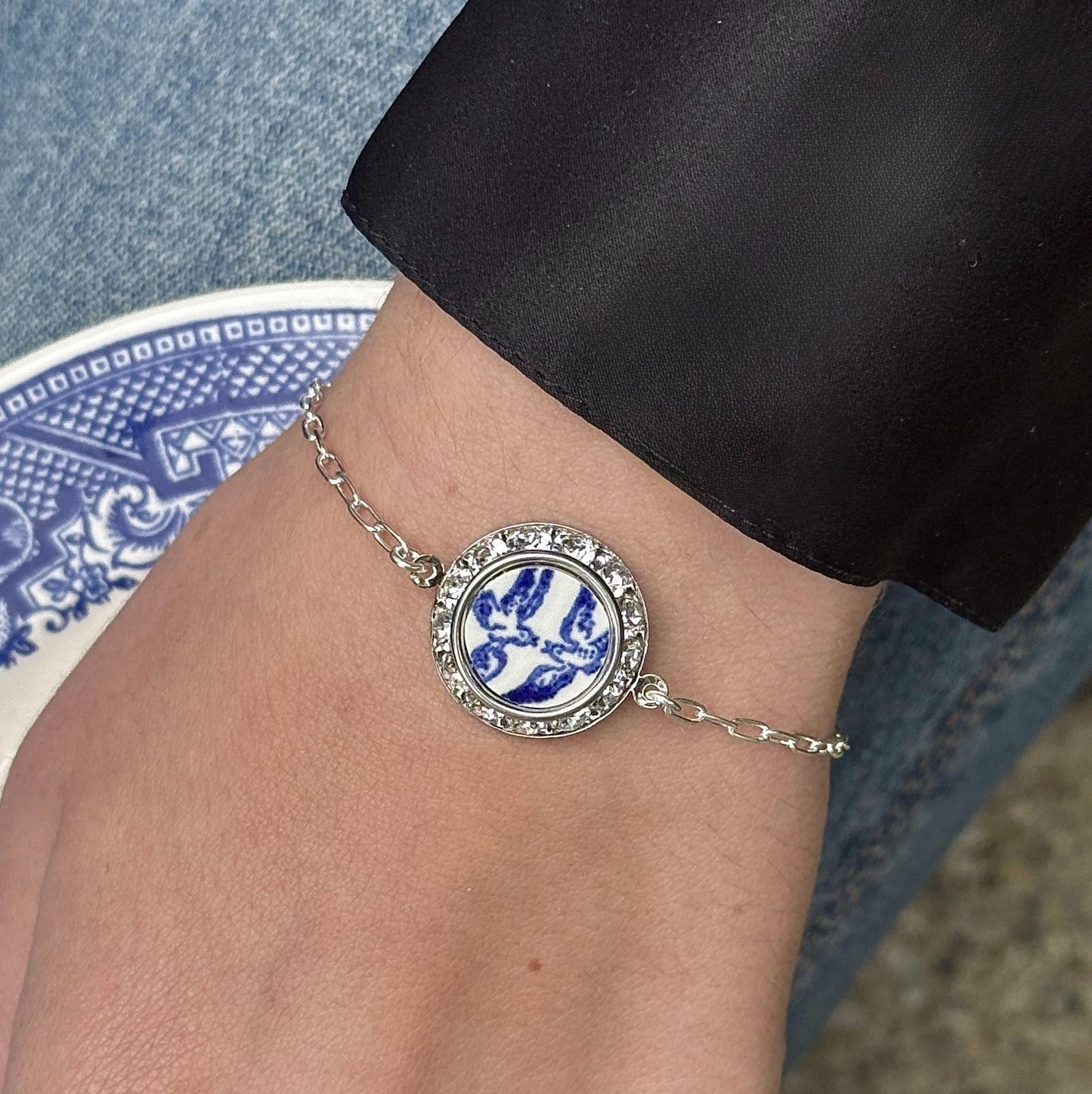 20th Anniversary Gift for Wife, Love Birds Crystal Charm Bracelet or Locket Set, Romantic Gifts for Her, Adjustable Sterling Chain