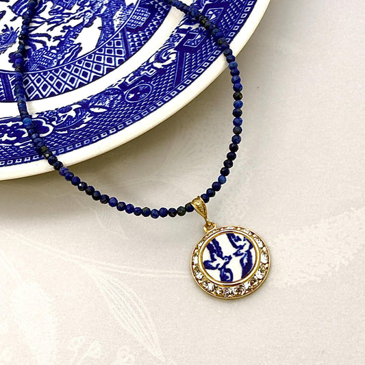 Gold Love Birds Necklace, 18th Anniversary Gifts for Wife, Dainty Lapis Lazuli Jewelry