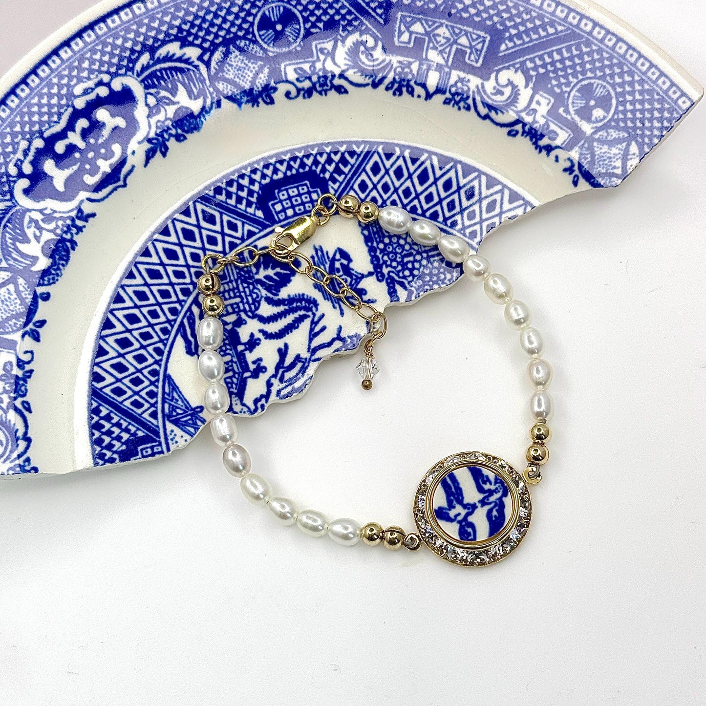 Gold Jewelry Gift Set, Romantic 20th Anniversary Gift for Wife, Love Birds Necklace and or Pearl Bracelet, Broken China Jewelry