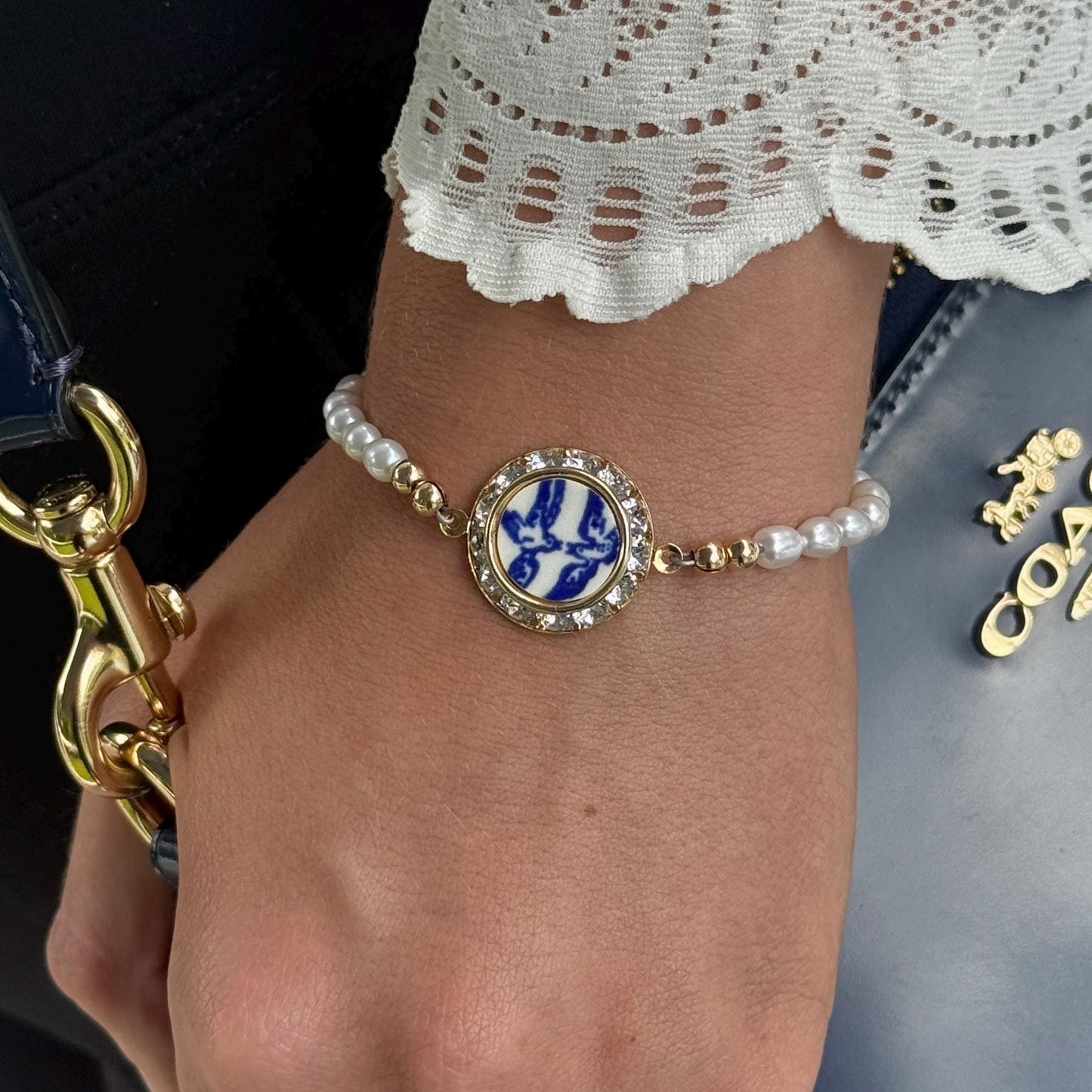 CUSTOM ORDER Gold Crystal Charm Bracelet, Custom Broken China Family Jewelry Made From Your China