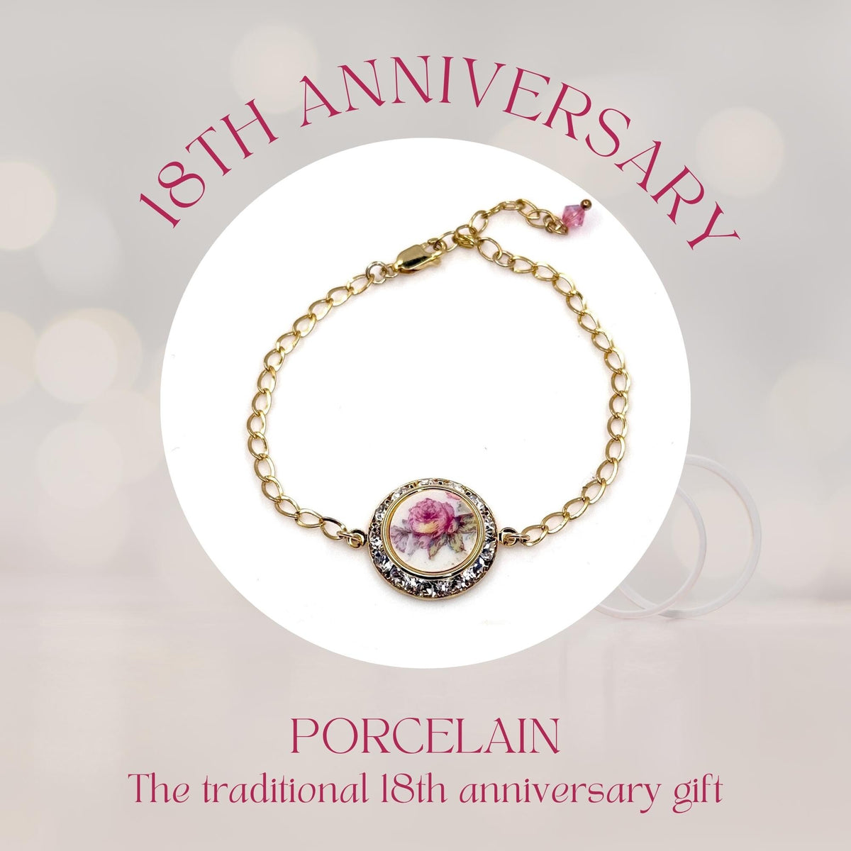 18th Anniversary Gift for Wife, Antique Rose Porcelain Charm Bracelet, Gold Filled Chain, Crystal Bracelet