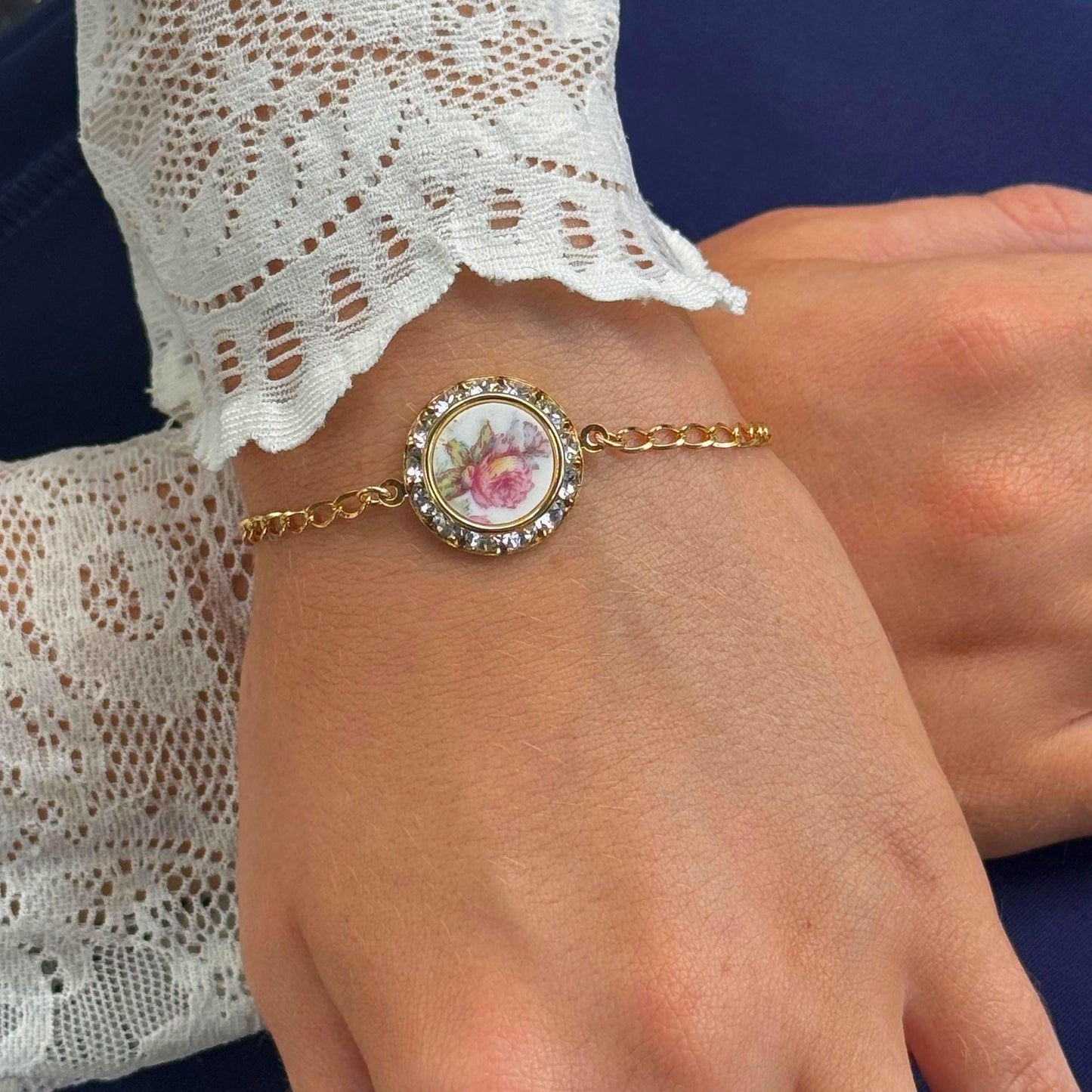 18th Anniversary Gift for Wife, Antique Rose Porcelain Charm Bracelet, Gold Filled Chain, Crystal Bracelet