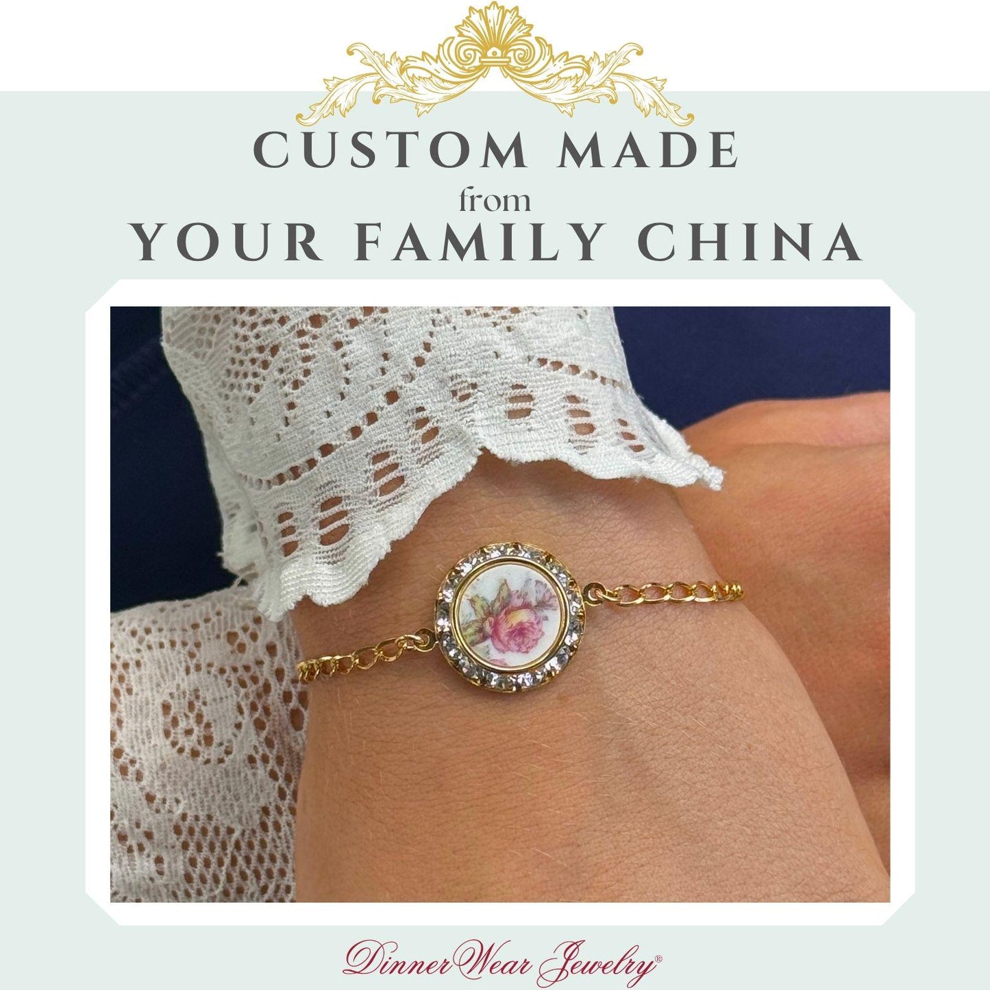 CUSTOM ORDER Gold Crystal Charm Bracelet, Custom Broken China Family Jewelry Made From Your China