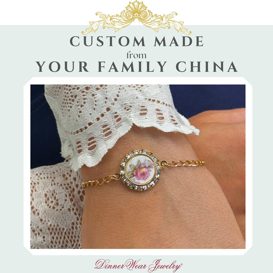 CUSTOM ORDER Gold Crystal Charm Bracelet, Custom Broken China Family Jewelry Made From Your China