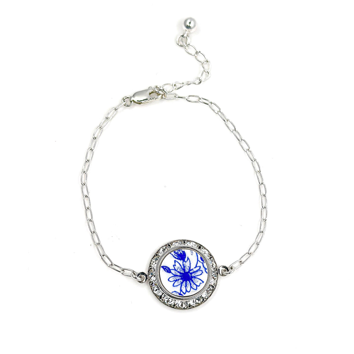 20th Anniversary Gift for Wife, Daisy Broken China Jewelry Charm Bracelet, Adjustable Sterling Silver Chain, Crystal Bracelet