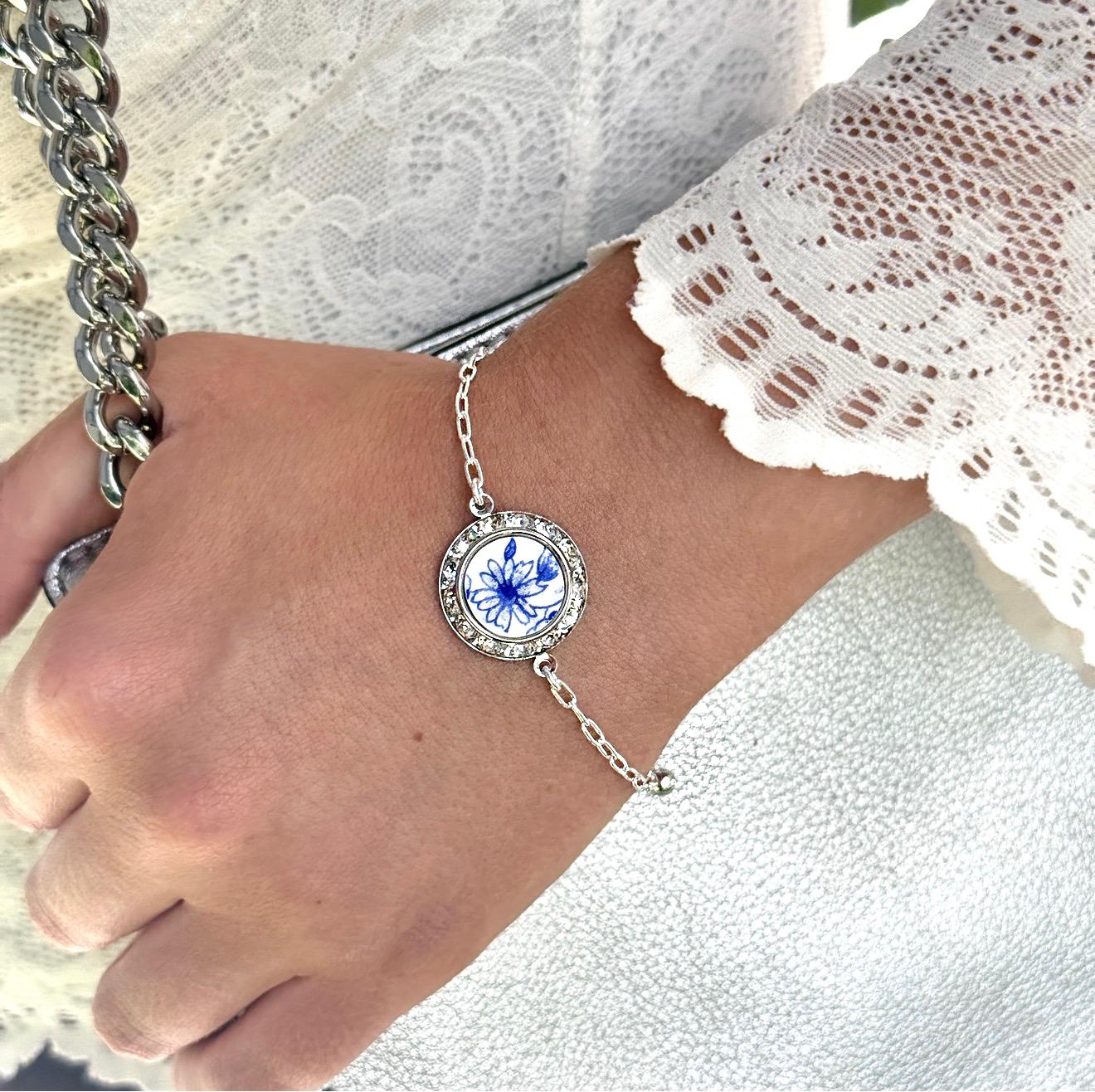 20th Anniversary Gift for Wife, Daisy Broken China Jewelry Charm Bracelet, Adjustable Sterling Silver Chain, Crystal Bracelet