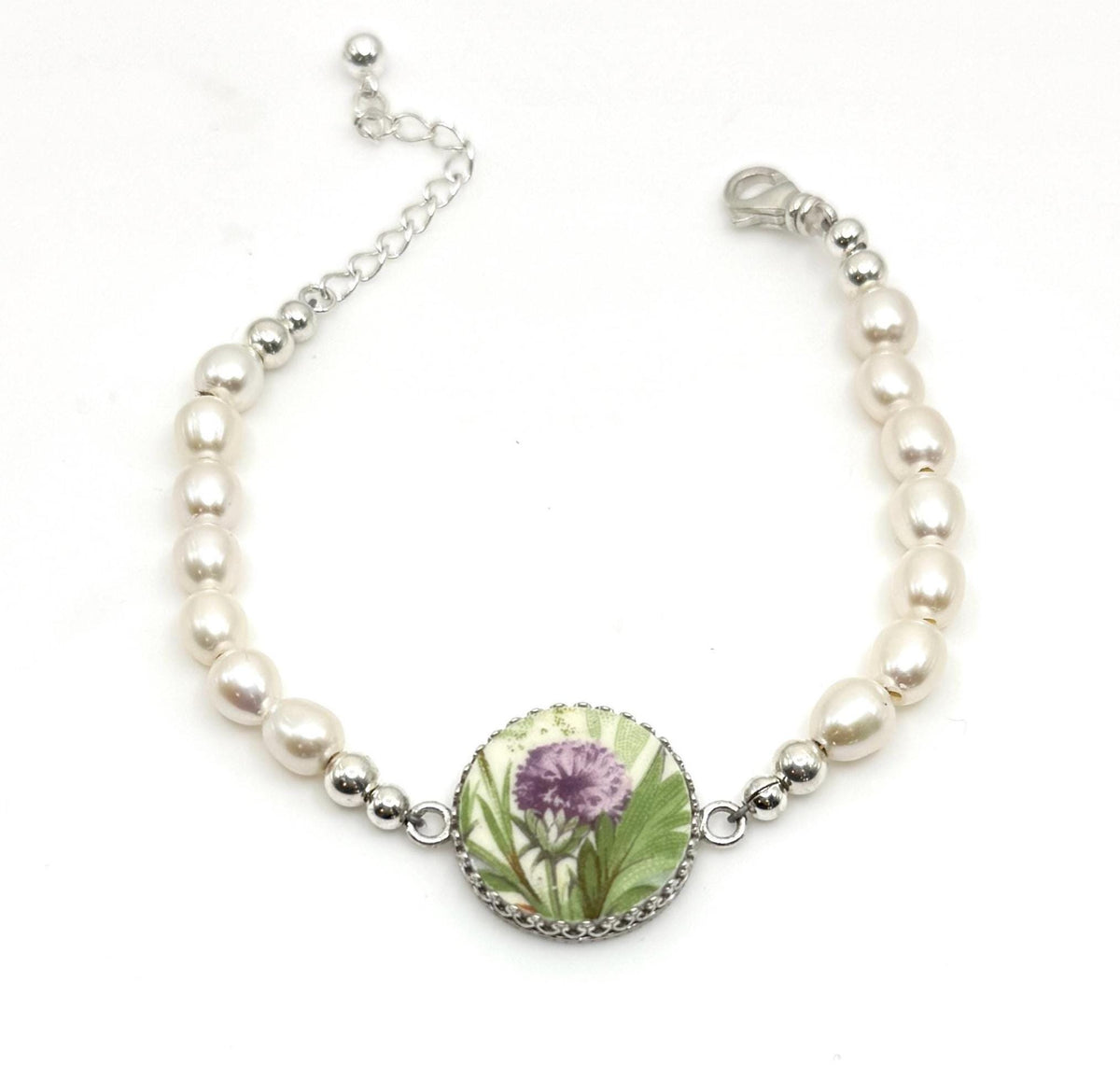 Scottish Thistle, Celtic Broken China Jewelry, Pearl Bracelet, 18th Wedding Anniversary Gift for Wife, Porcelain