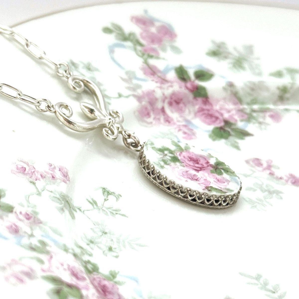 Sterling Silver Romantic Rose Necklace, One of a Kind Victorian Fine Jewelry, Handmade Floral Pendant