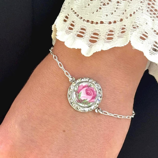 Pink Crystal Dainty Rose Charm Bracelet, Sterling Adjustable Charm Bracelet, Floral Modern Crystal Bracelet