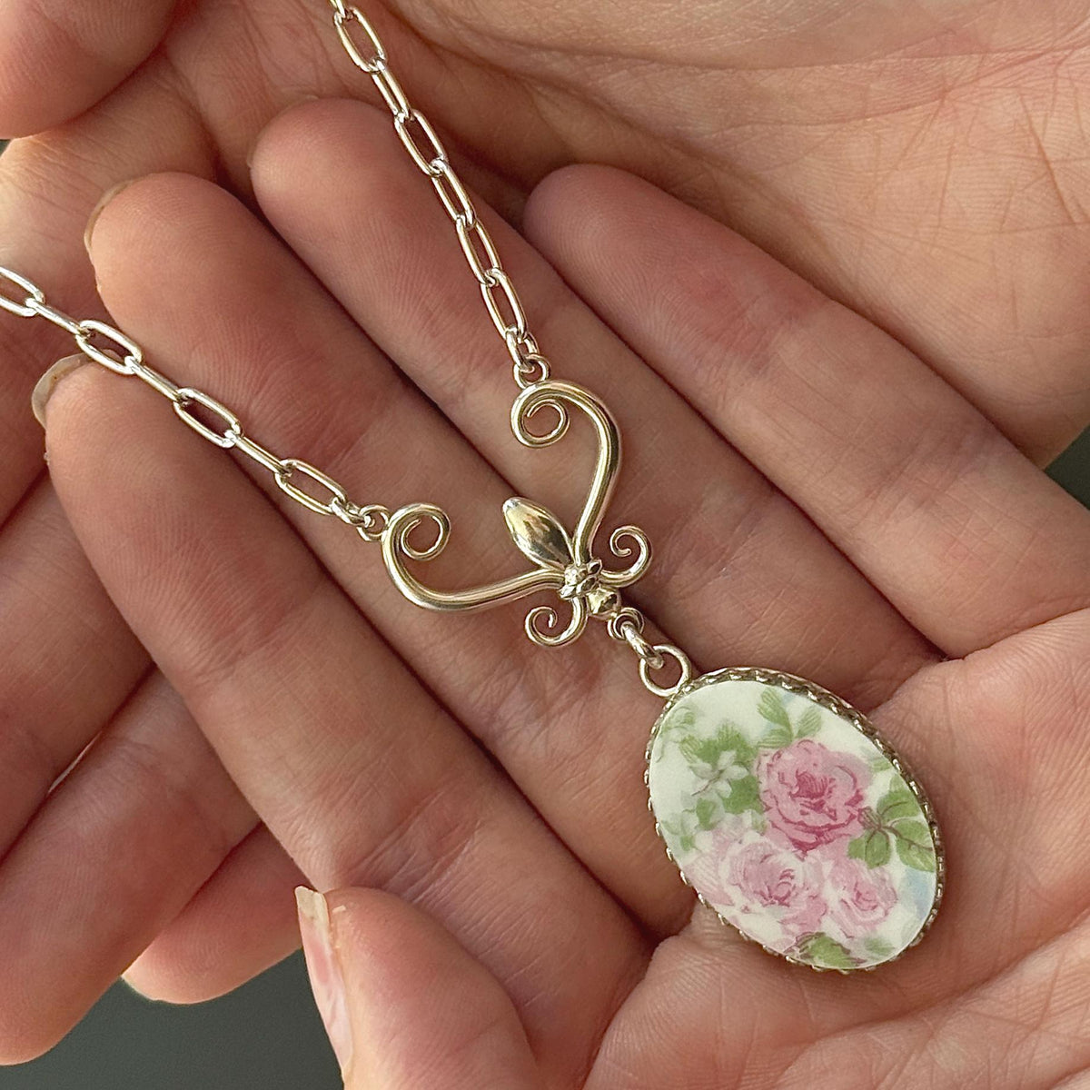 Sterling Silver Romantic Rose Necklace, One of a Kind Victorian Fine Jewelry, Handmade Floral Pendant