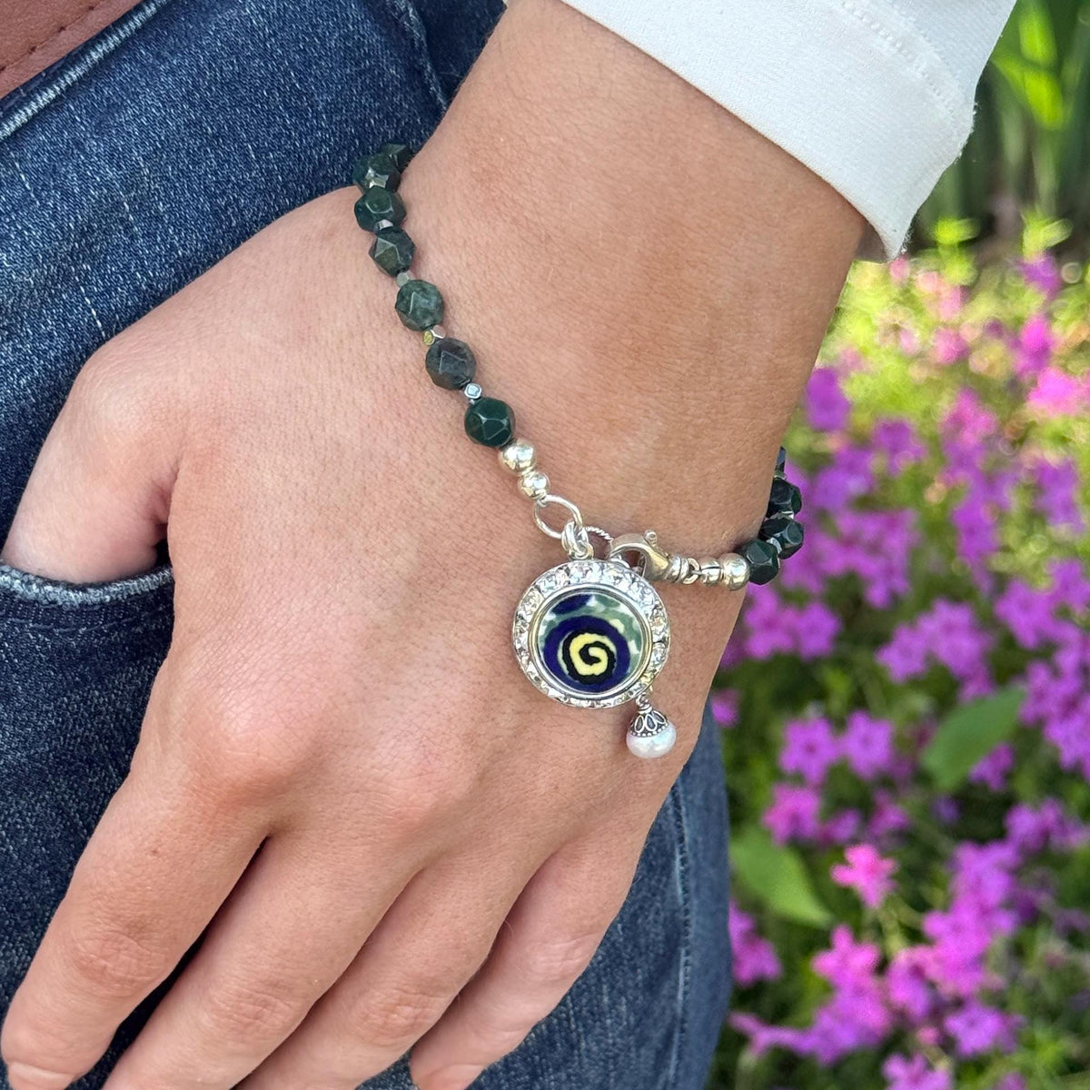 Polish Pottery Charm Bracelet, Porcelain 18th Anniversary Gifts, Sterling Silver Jewelry