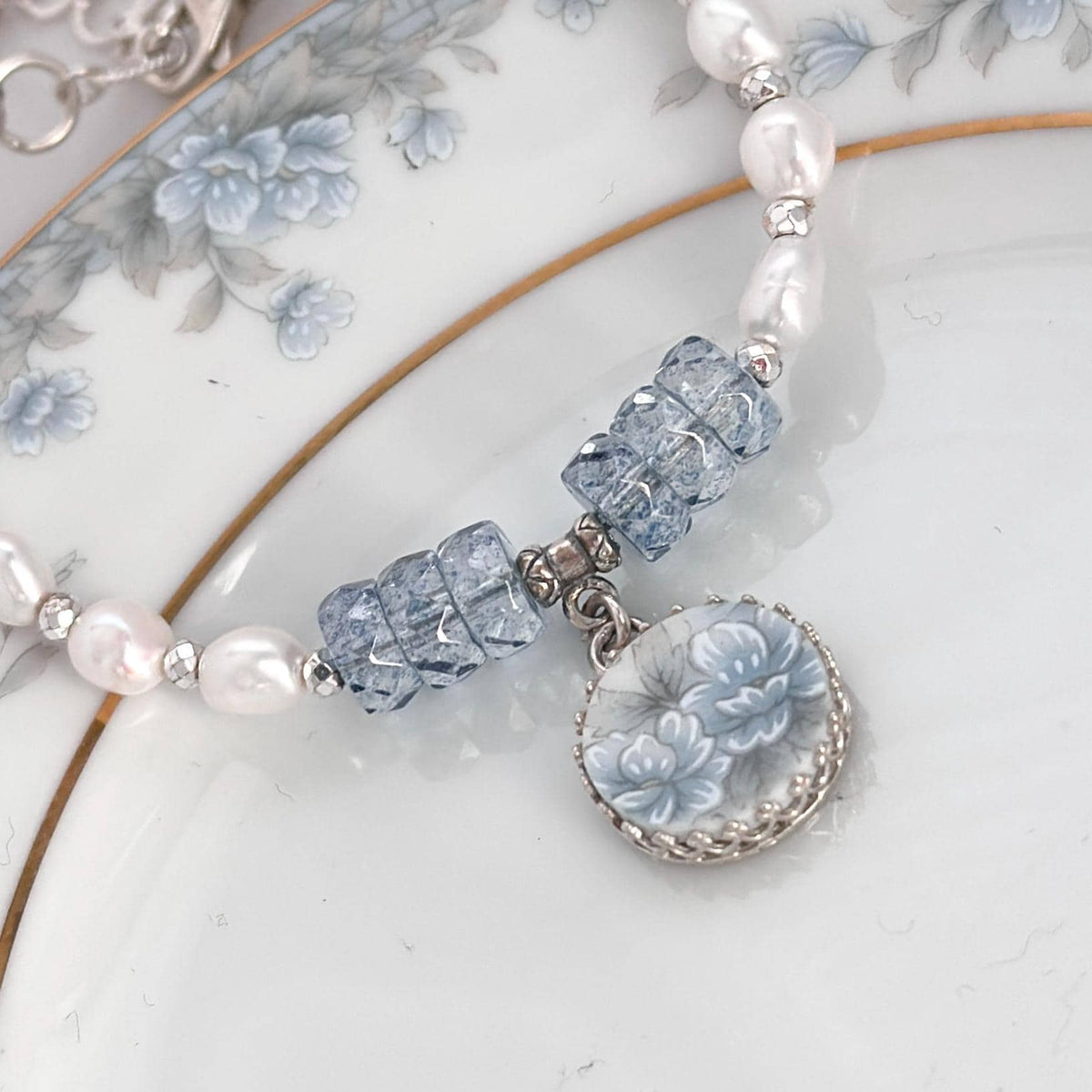 Aquamarine Bracelet, 18th Anniversary Porcelain Bracelet, Gifts for Wife, Keepsake Pearl Bracelet