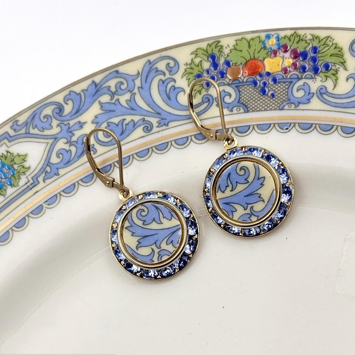 Gold Crystal Earrings, Unique Broken China Jewelry, Lenox Autumn China Pattern, Gifts for Women