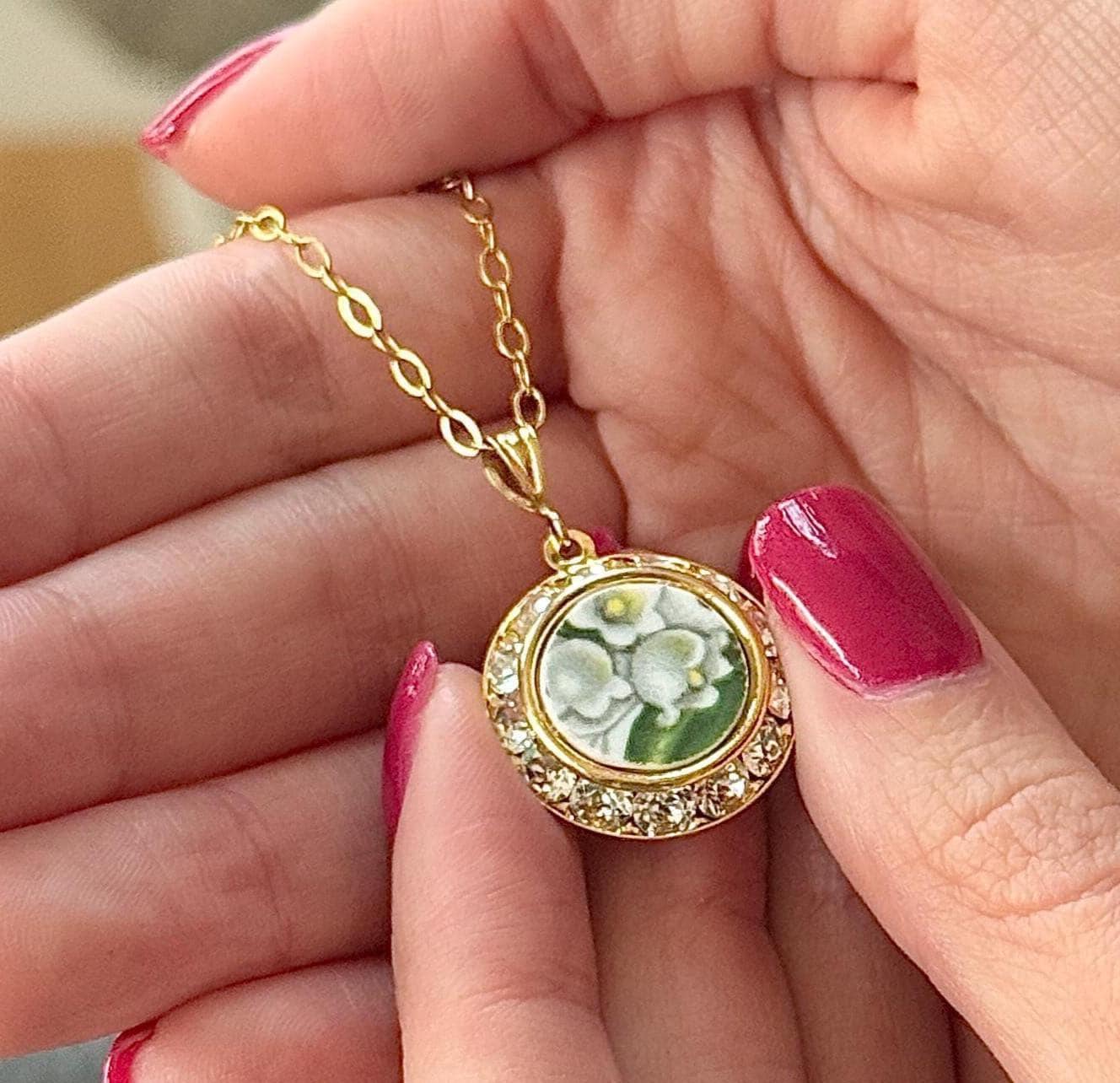 Gold Crystal Broken China Lily Of The Valley Necklace, Handmade Vintage Pendant Necklace, Dainty Floral Broken China Jewelry