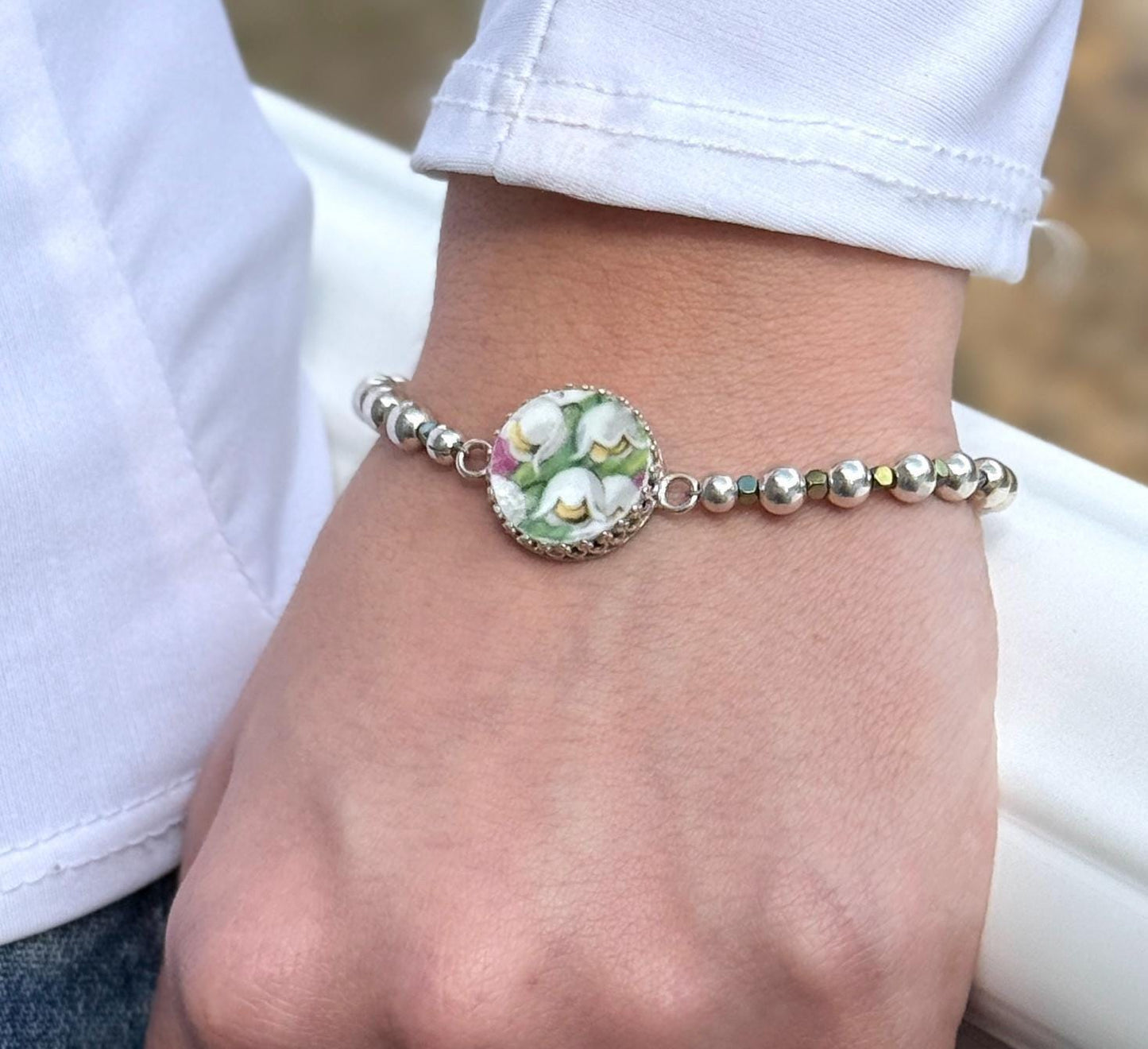 Lily of the Valley China Bracelet, Unique Gifts for Women, Sterling Silver Broken China Jewelry