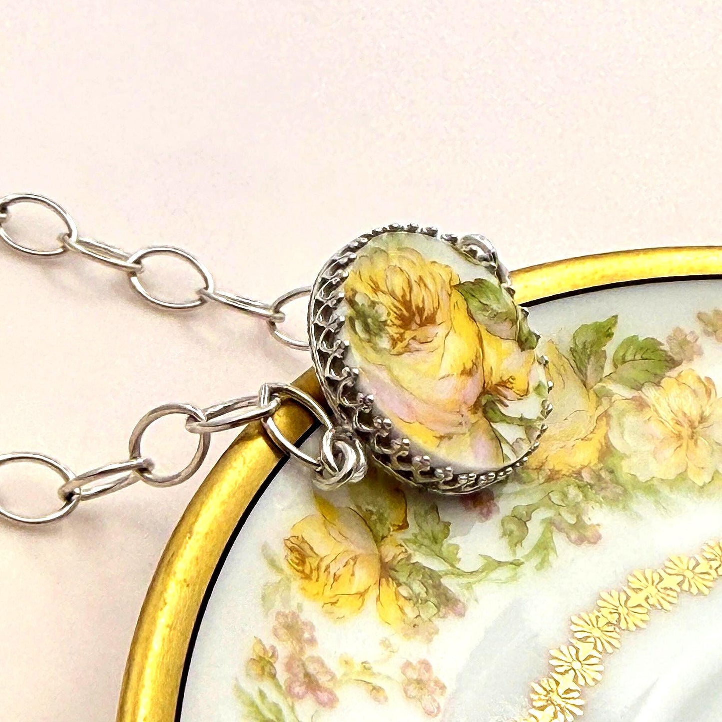 Sterling Porcelain Yellow Flower Bracelet, Limoges Handmade Cottagecore Jewelry, Delicate Cottagecore Friendship Gift