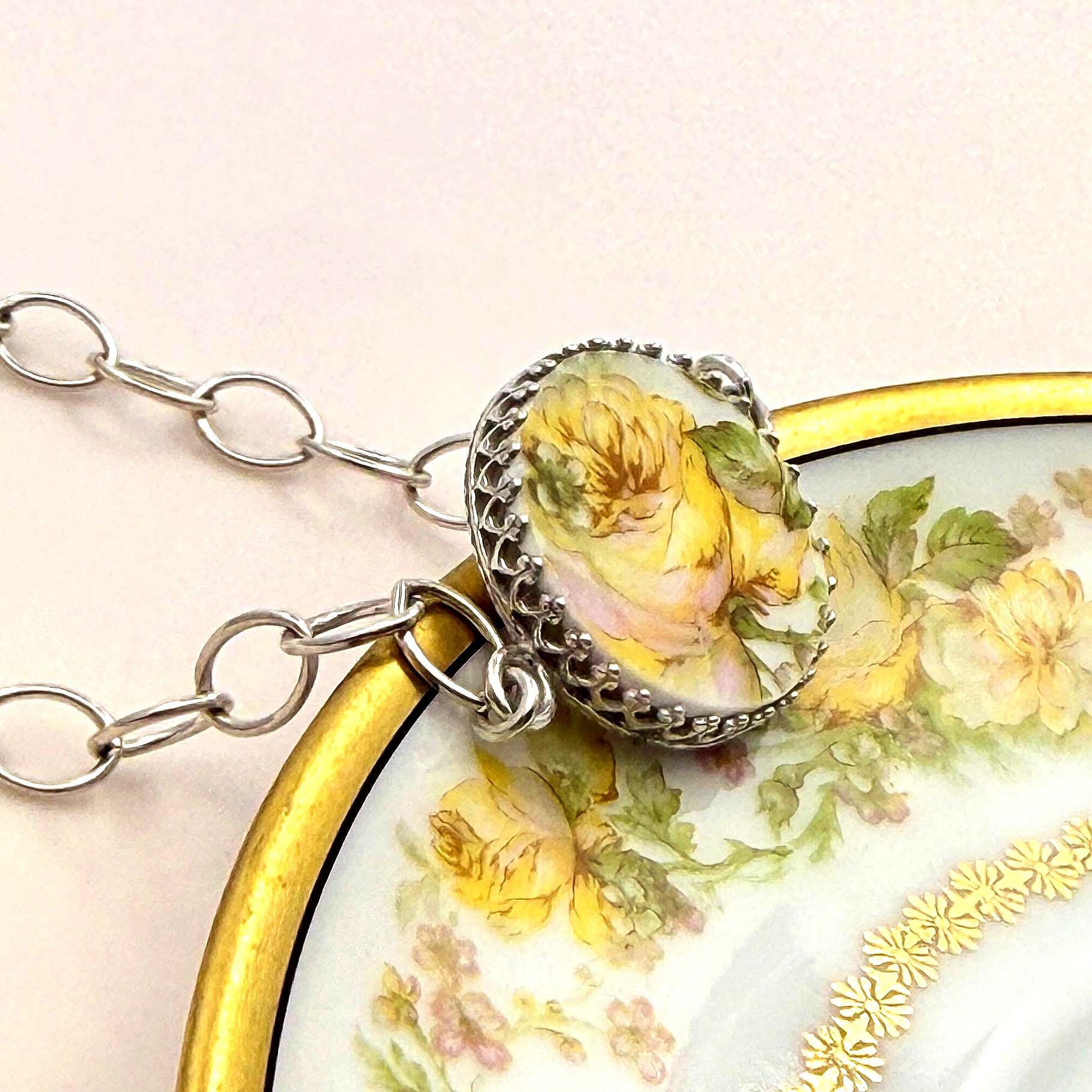 Sterling Porcelain Yellow Flower Bracelet, Limoges Handmade Cottagecore Jewelry, Delicate Cottagecore Friendship Gift