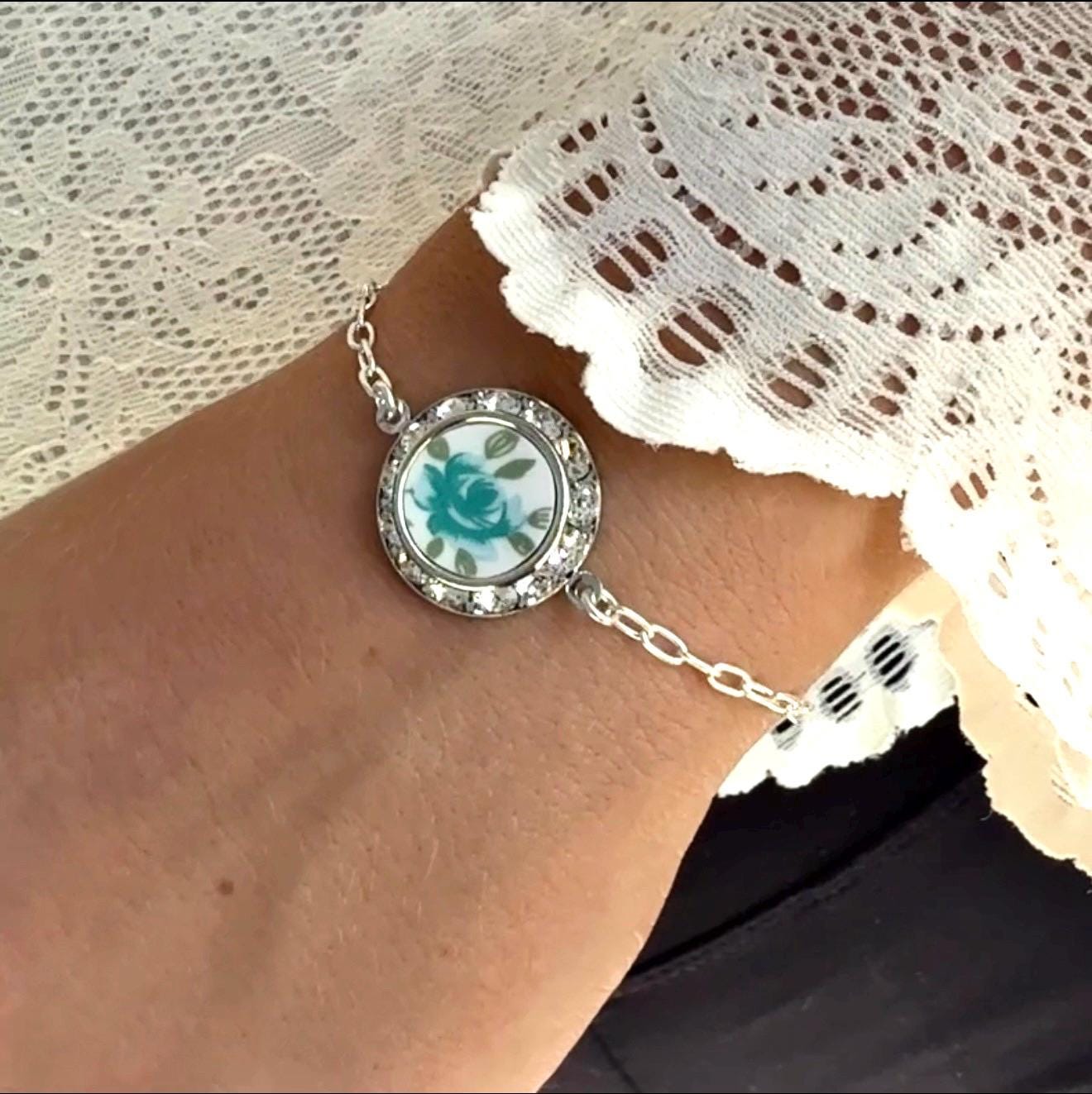 Dainty Crystal Bracelet, Blue Rose Porcelain Charm, Adjustable Sterling Silver Chain, Vintage China Jewelry