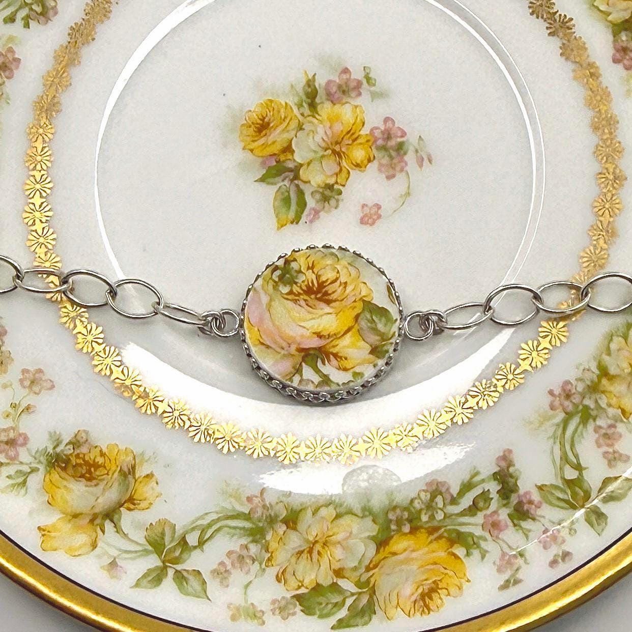 Sterling Porcelain Yellow Flower Bracelet, Limoges Handmade Cottagecore Jewelry, Delicate Cottagecore Friendship Gift