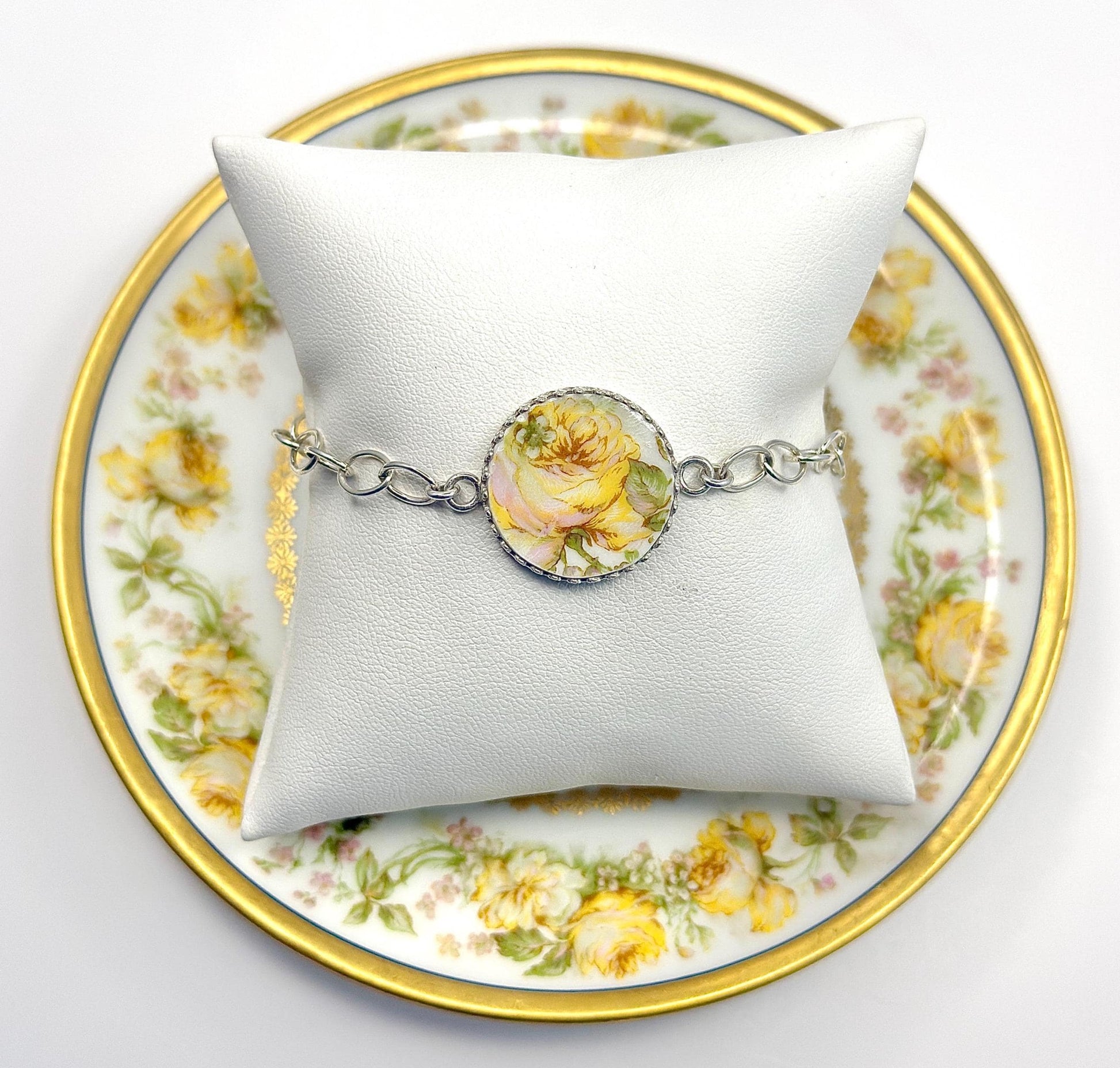 Sterling Porcelain Yellow Flower Bracelet, Limoges Handmade Cottagecore Jewelry, Delicate Cottagecore Friendship Gift
