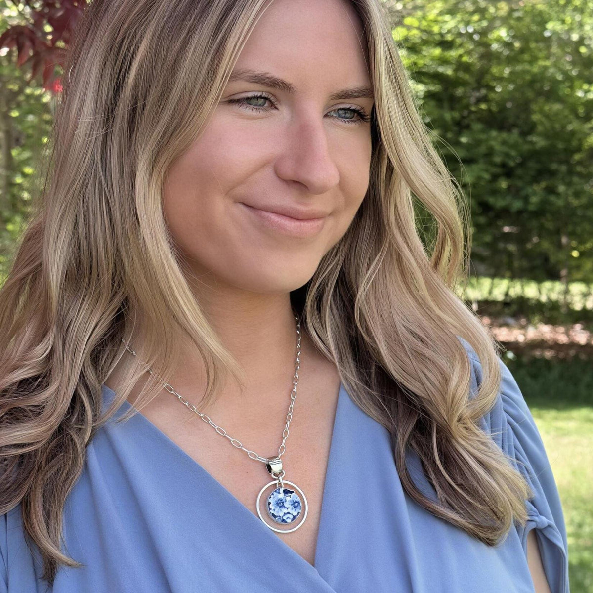 Repurposed 1950's Porcelain Pendant, 18th Anniversary Gift for Wife, Blue and White Flower Pendant, Unique Artisan Jewelry