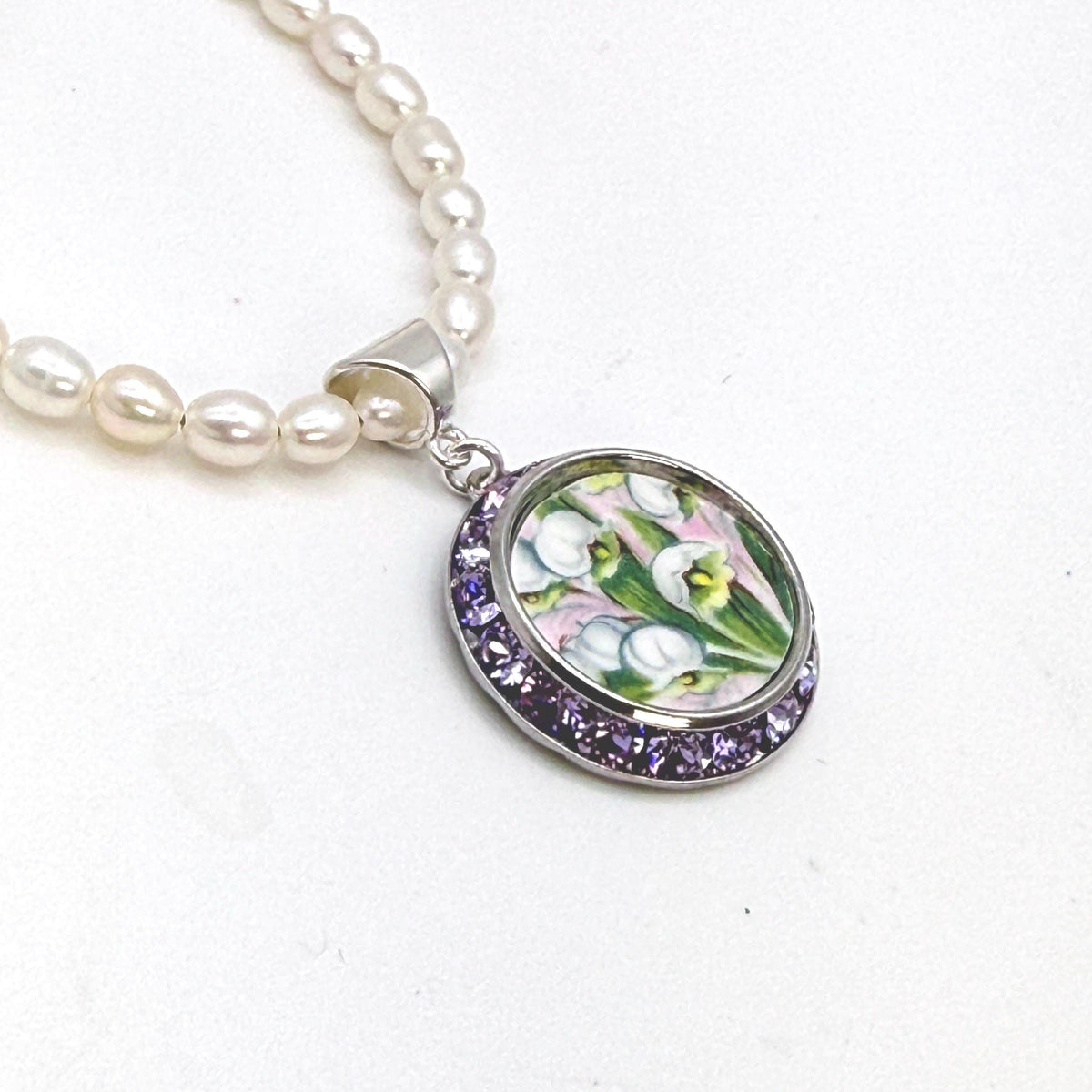 One-of-a-Kind Porcelain Necklace, 18th Anniversary Gift for Wife, Sterling Silver Lily of the Valley Jewelry