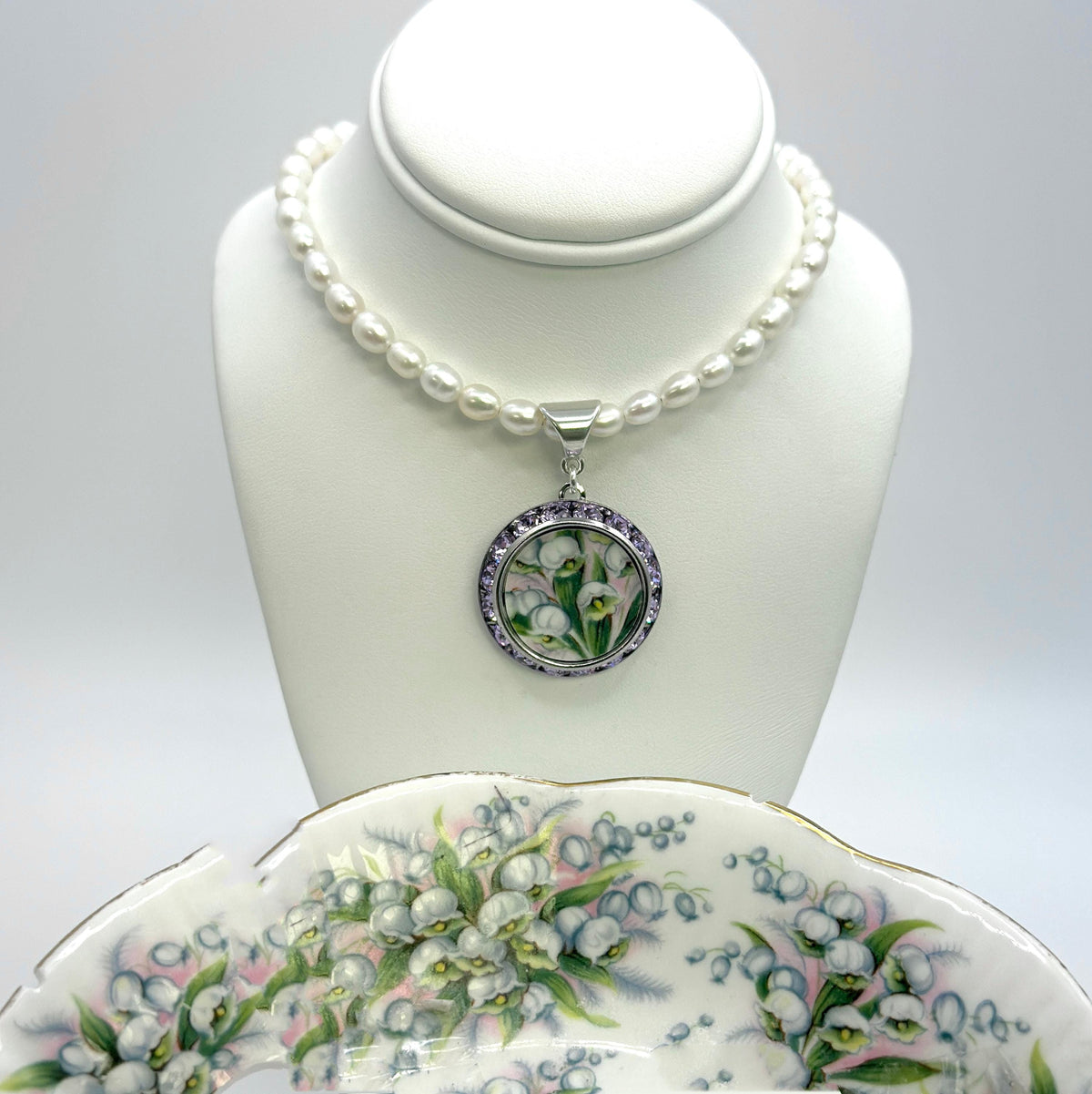 One-of-a-Kind Porcelain Necklace, 18th Anniversary Gift for Wife, Sterling Silver Lily of the Valley Jewelry