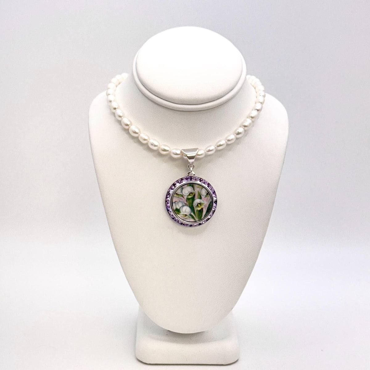 One-of-a-Kind Porcelain Necklace, 18th Anniversary Gift for Wife, Sterling Silver Lily of the Valley Jewelry