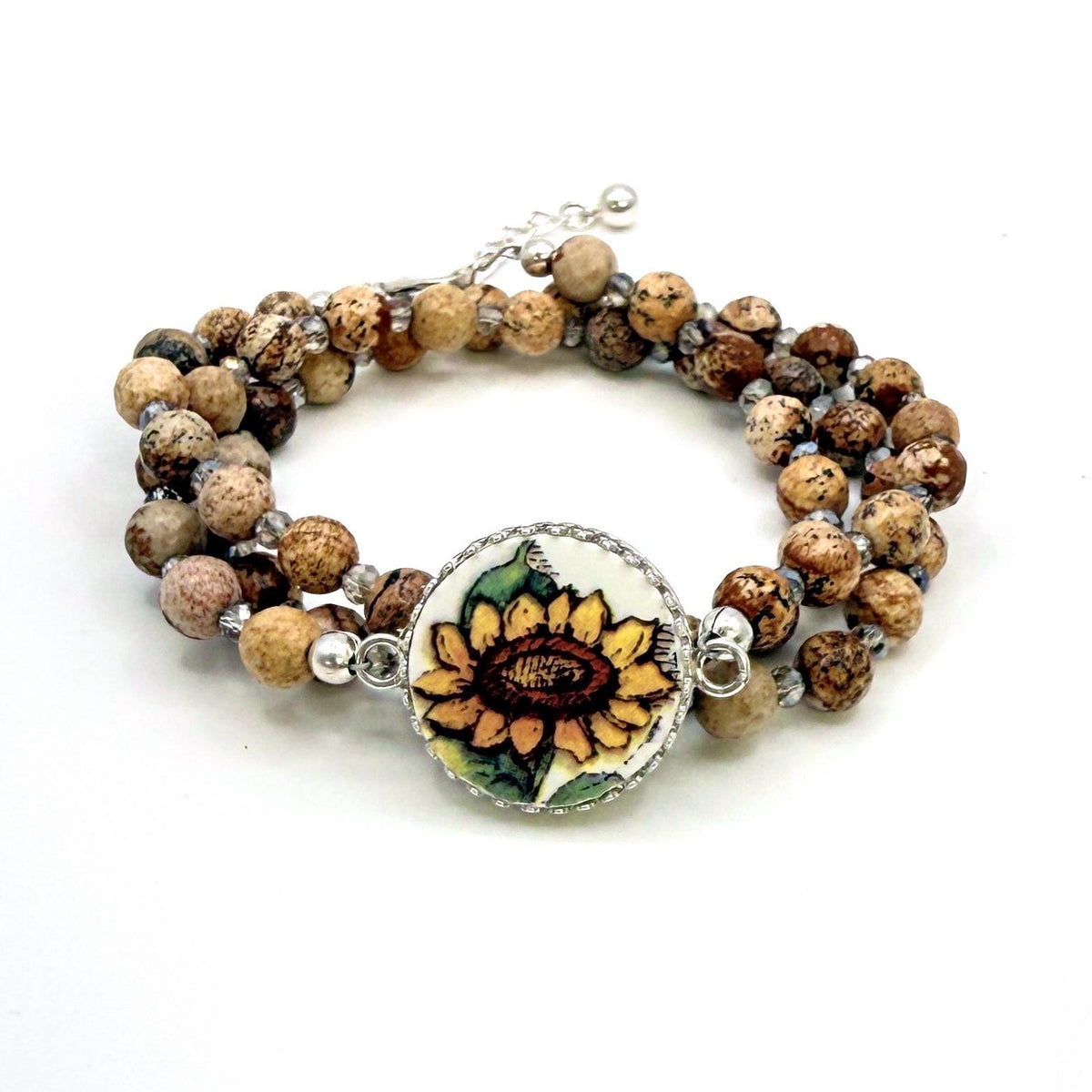 Sunflower Jasper Wrap Bracelet, Broken China Jewelry, Unique Fall Gifts for Women, Nature Lover Gift