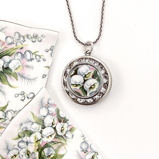 Lily of the Valley Locket Necklace, Broken China Jewelry, Anniversary Love and Friendship Gifts for Her