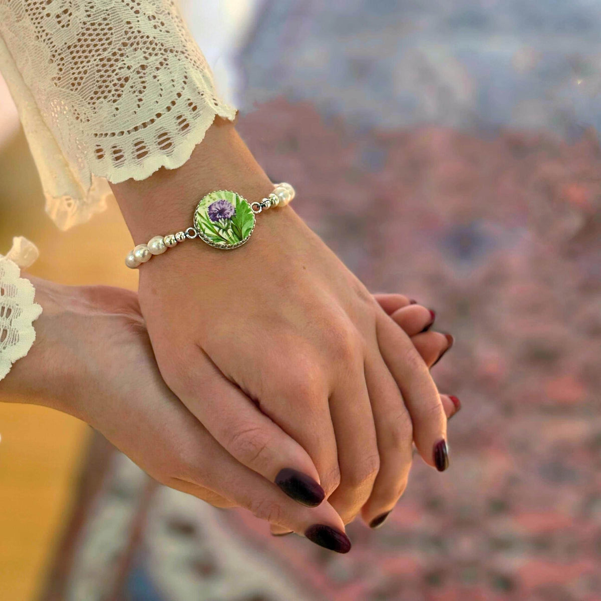 Scottish Thistle, Celtic Broken China Jewelry, Pearl Bracelet, 18th Wedding Anniversary Gift for Wife, Porcelain