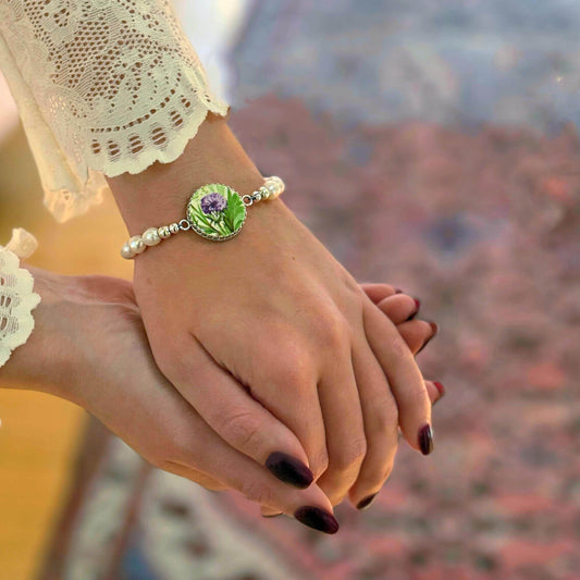 Scottish Thistle, Celtic Broken China Jewelry, Pearl Bracelet, 18th Wedding Anniversary Gift for Wife, Porcelain