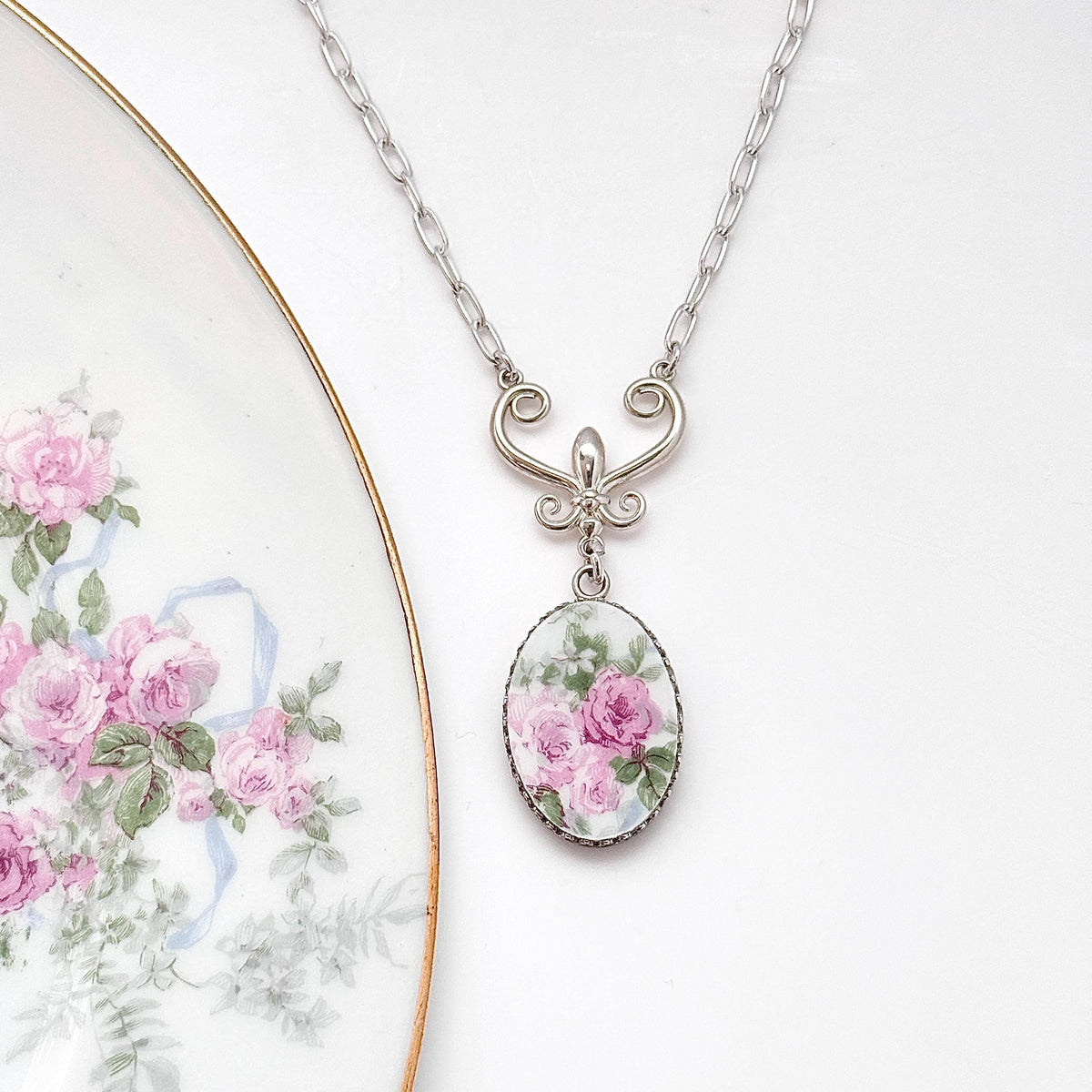 Sterling Silver Romantic Rose Necklace, One of a Kind Victorian Fine Jewelry, Handmade Floral Pendant
