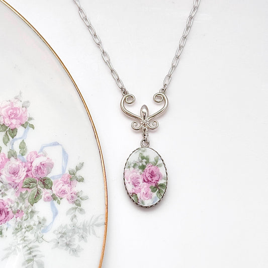 Sterling Silver Romantic Rose Necklace, One of a Kind Victorian Fine Jewelry, Handmade Floral Pendant