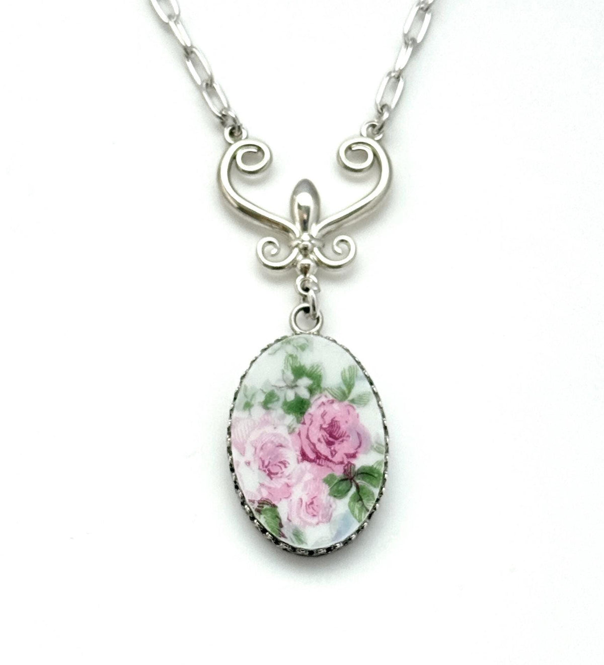 Sterling Silver Romantic Rose Necklace, One of a Kind Victorian Fine Jewelry, Handmade Floral Pendant