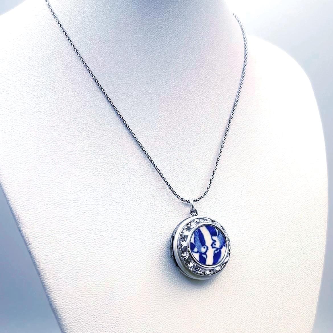Keepsake Anniversary Gift, Blue Willow Photo Locket Necklace, Sentimental Jewelry