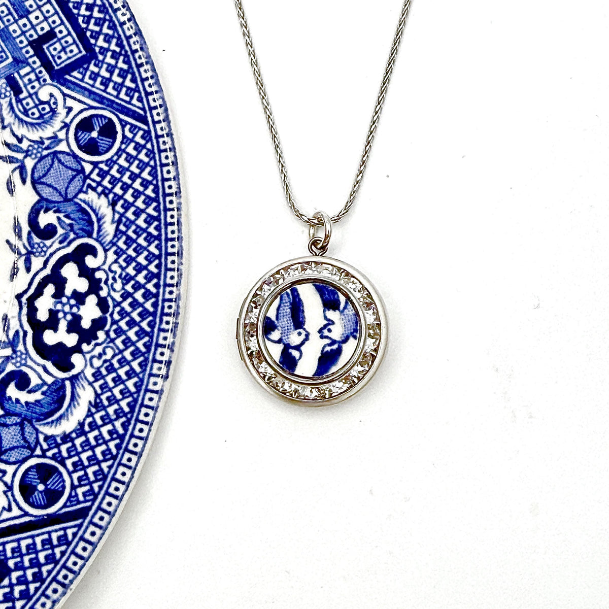Keepsake Anniversary Gift, Blue Willow Photo Locket Necklace, Sentimental Jewelry