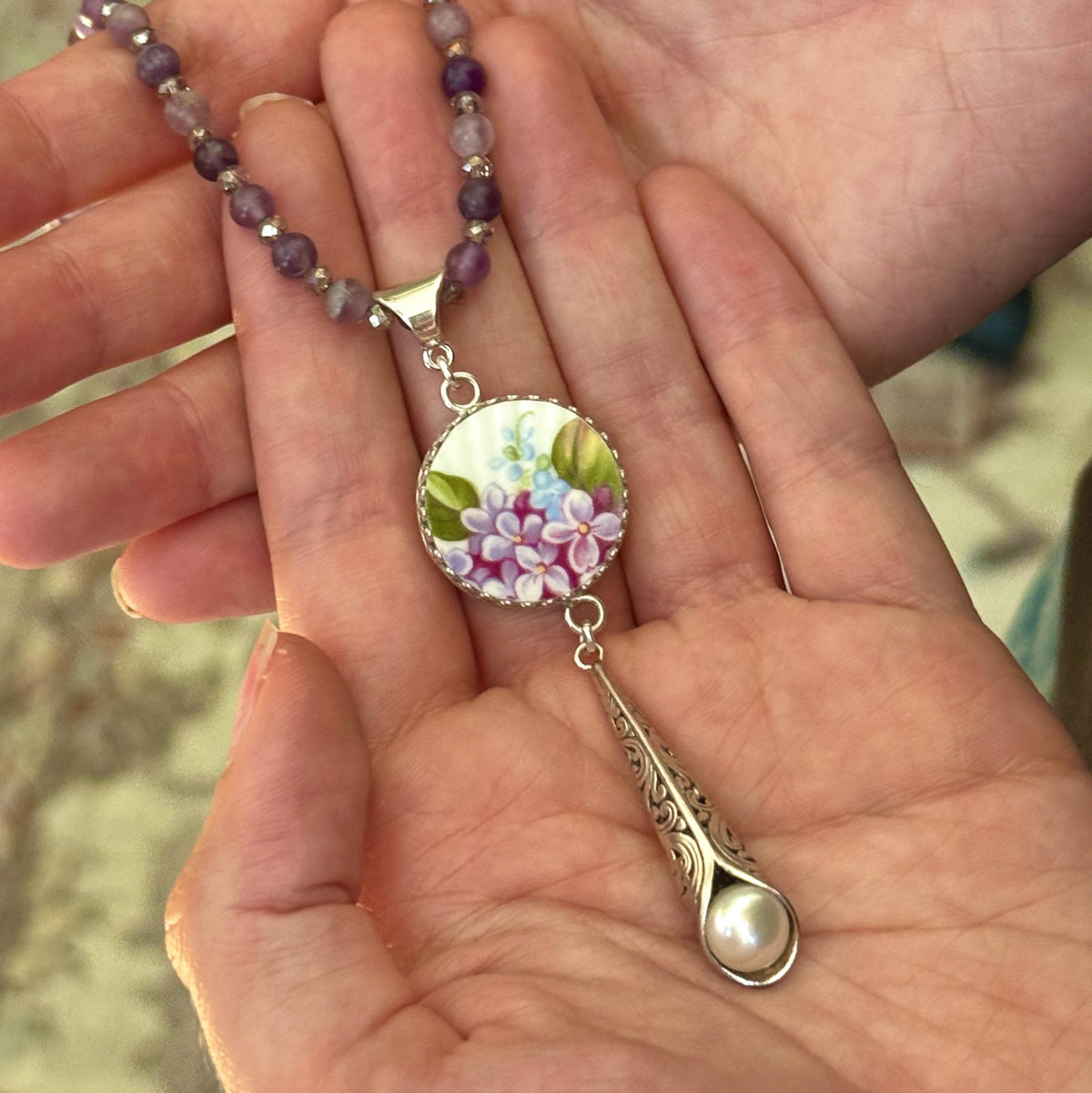 One-of-a-Kind Long Amethyst Necklace, Special Anniversary Gifts for Wife, Keepsake Lilac Flower China Jewelry