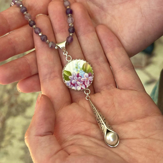 One-of-a-Kind Long Amethyst Necklace, Special Anniversary Gifts for Wife, Keepsake Lilac Flower China Jewelry
