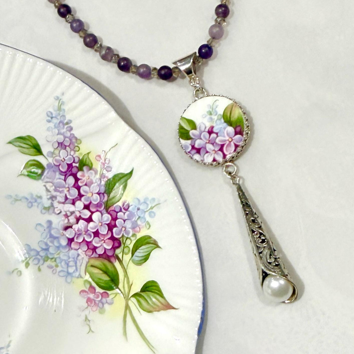One-of-a-Kind Long Amethyst Necklace, Special Anniversary Gifts for Wife, Keepsake Lilac Flower China Jewelry
