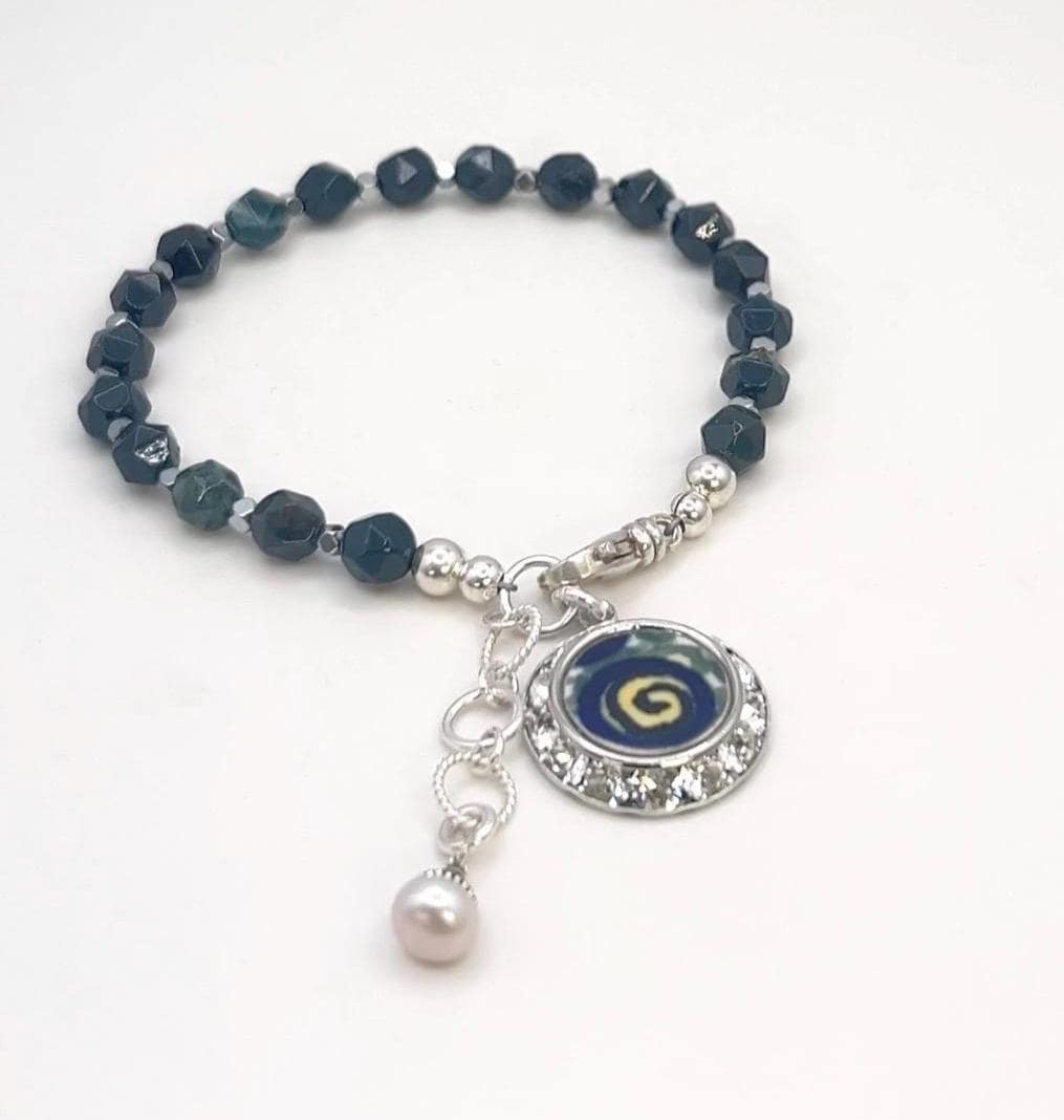 Polish Pottery Charm Bracelet, Porcelain 18th Anniversary Gifts, Sterling Silver Jewelry