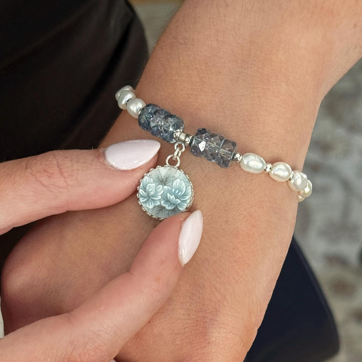 Aquamarine Bracelet, 18th Anniversary Porcelain Bracelet, Gifts for Wife, Keepsake Pearl Bracelet