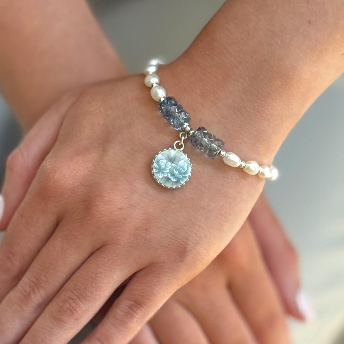 Aquamarine Bracelet, 18th Anniversary Porcelain Bracelet, Gifts for Wife, Keepsake Pearl Bracelet