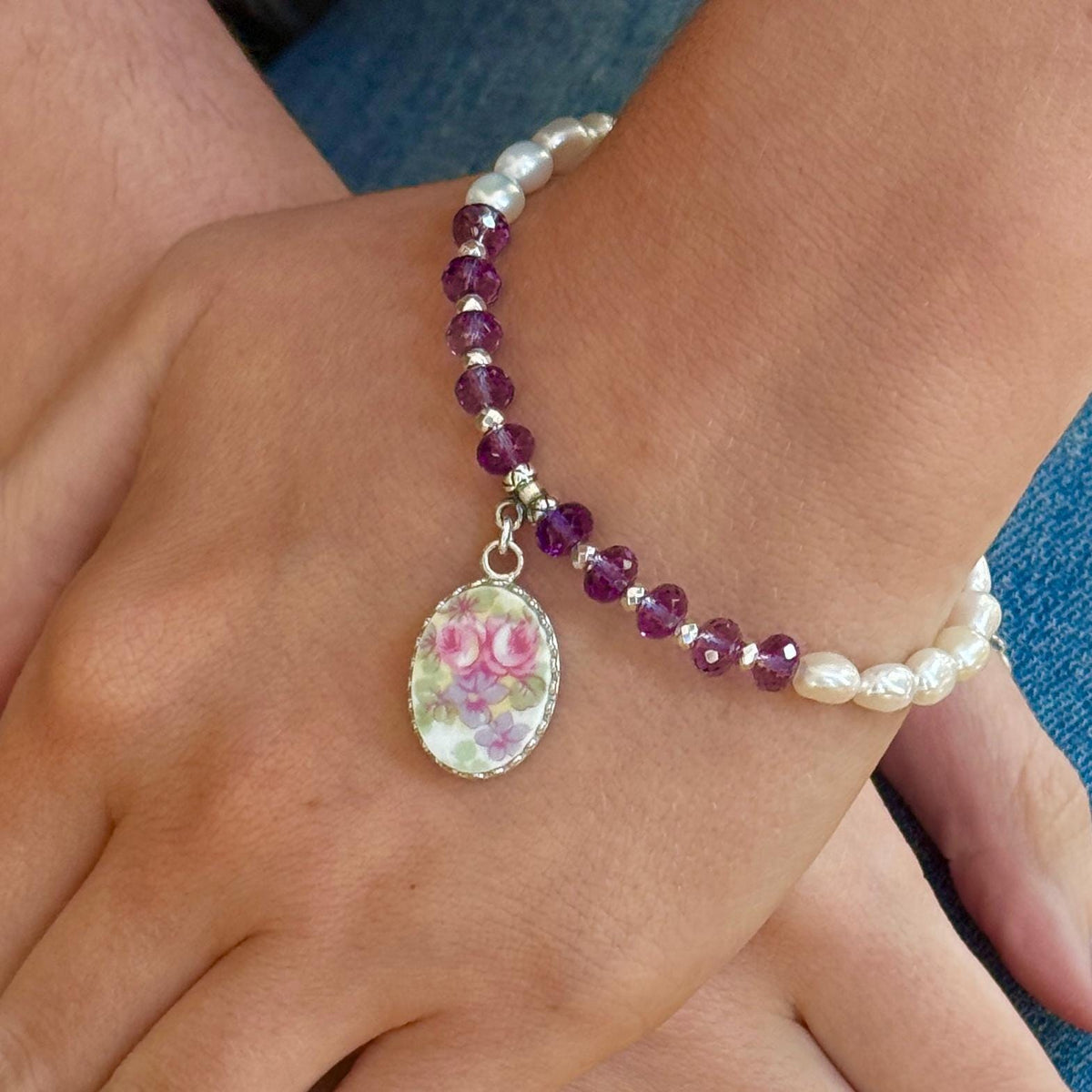 Purple Amethyst and Freshwater Pearl Bracelet, Keepsake Gifts, February Birthstone