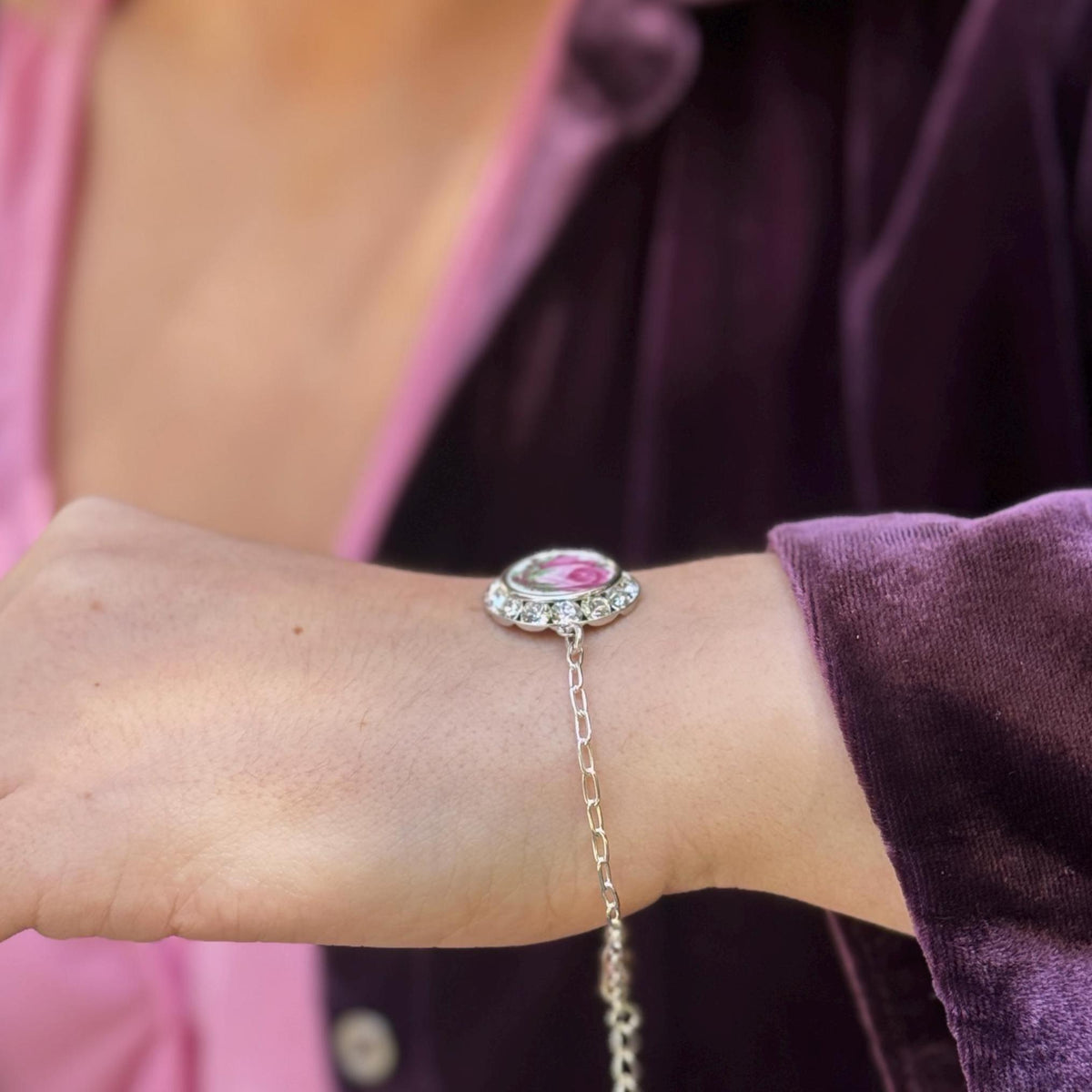 Pink Crystal Dainty Rose Charm Bracelet, Sterling Adjustable Charm Bracelet, Floral Modern Crystal Bracelet