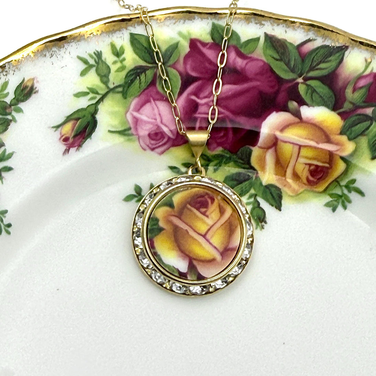 Yellow Rose Crystal Necklace, Friendship Gifts for Women, Gold Royal Albert Broken China Jewelry